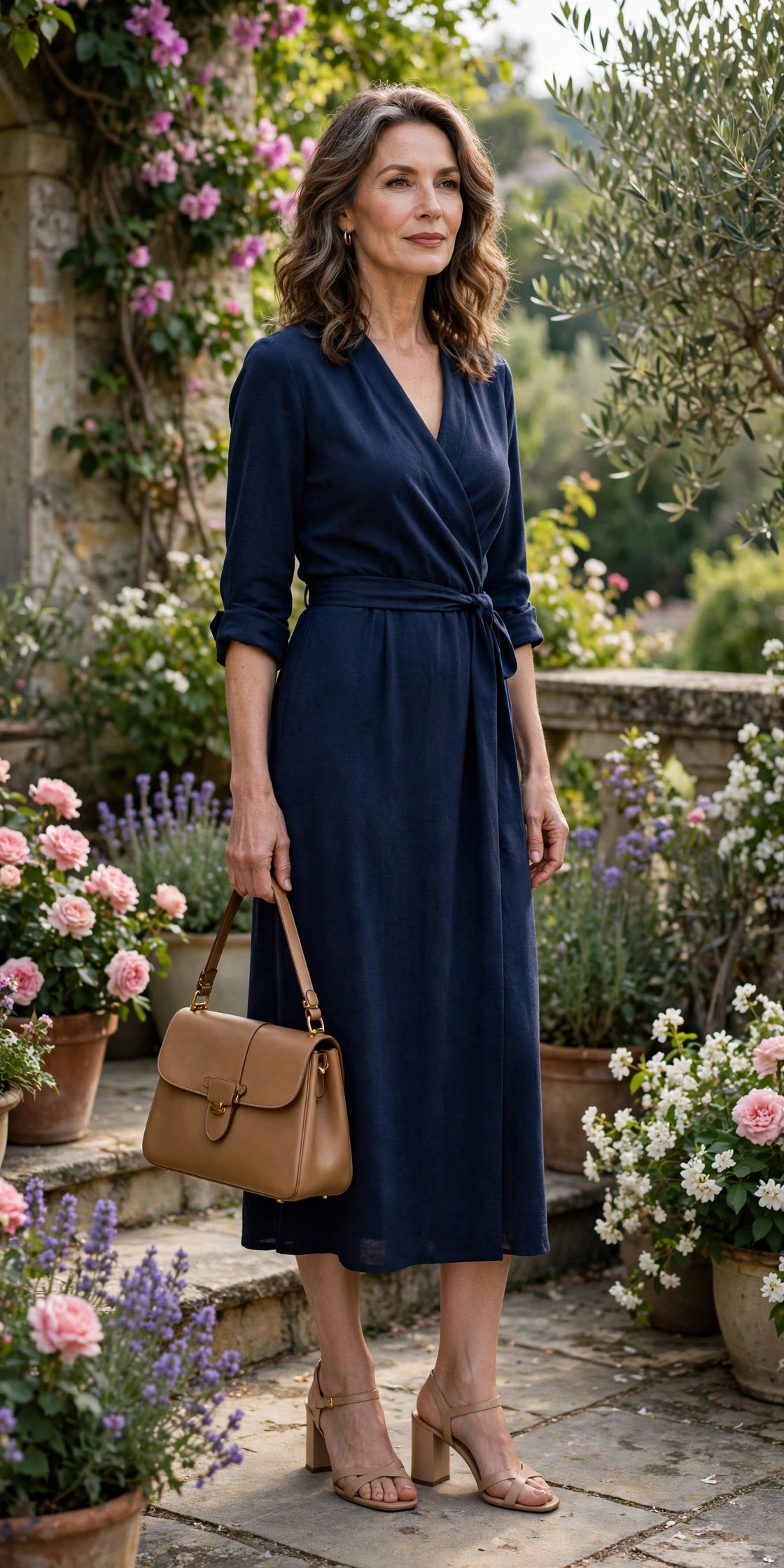 Woman in her 50s in navy wrap midi dress with nude heels and tan handbag