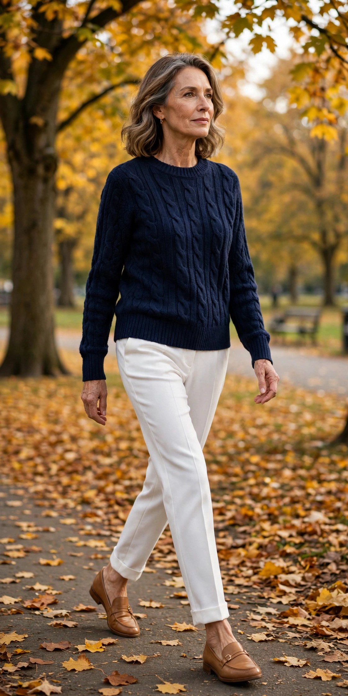 Woman over 50 wearing navy cable-knit sweater with white trousers and tan loafers