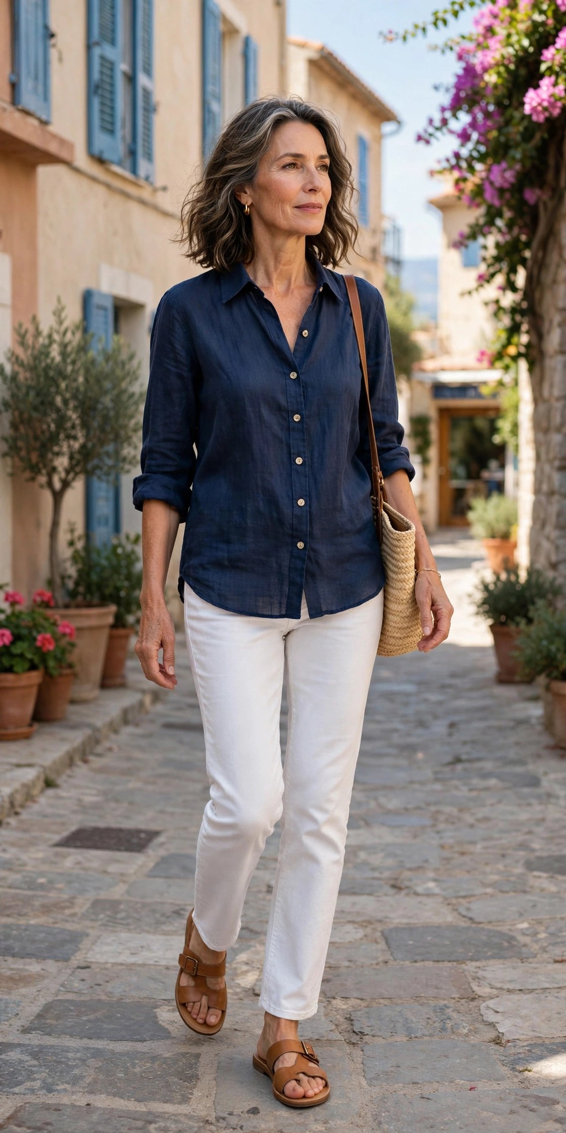 Woman in her 50s in navy linen shirt with white jeans and tan sandals