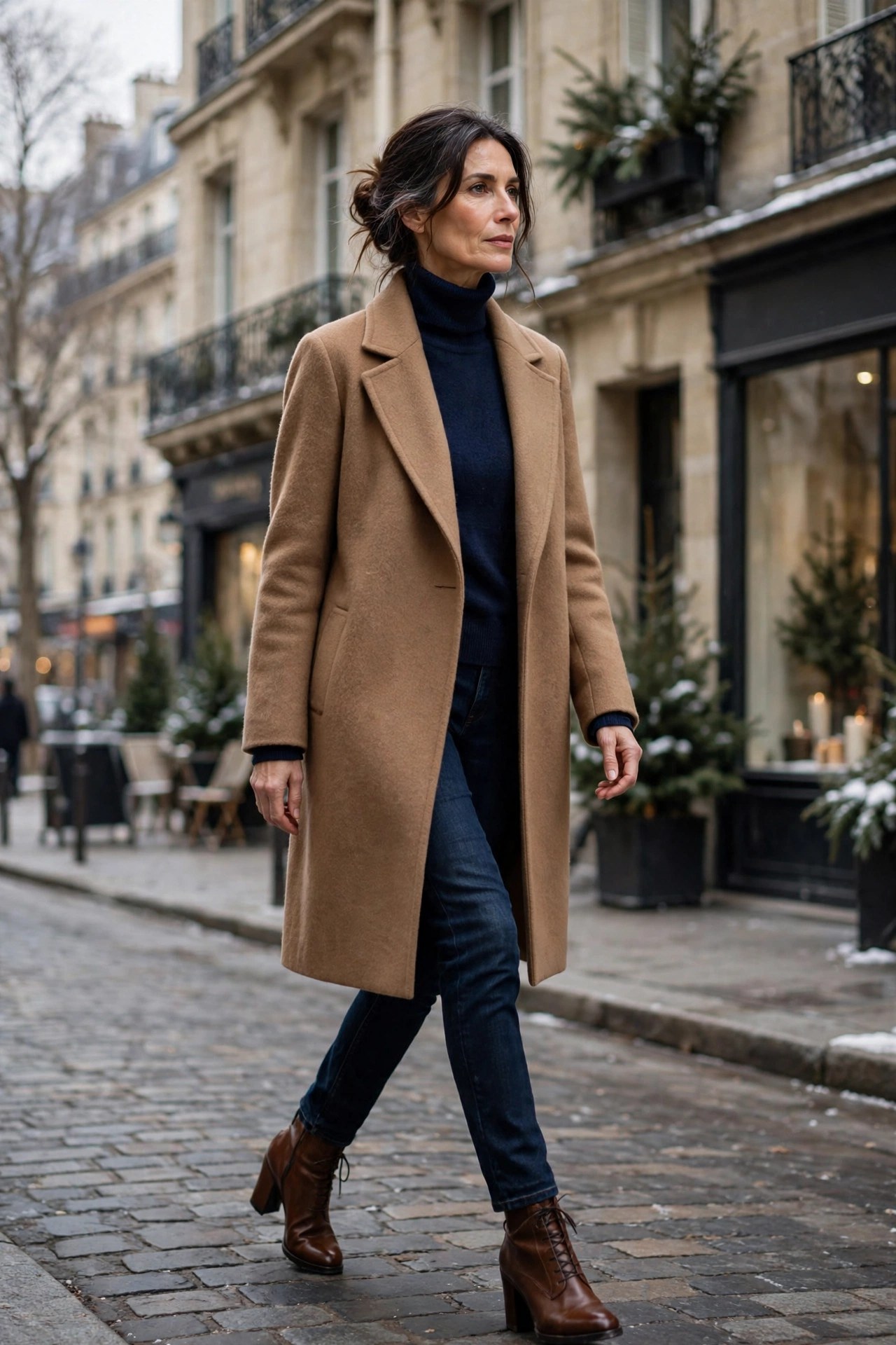 Woman over 50 wearing navy turtleneck under camel wool coat with dark jeans