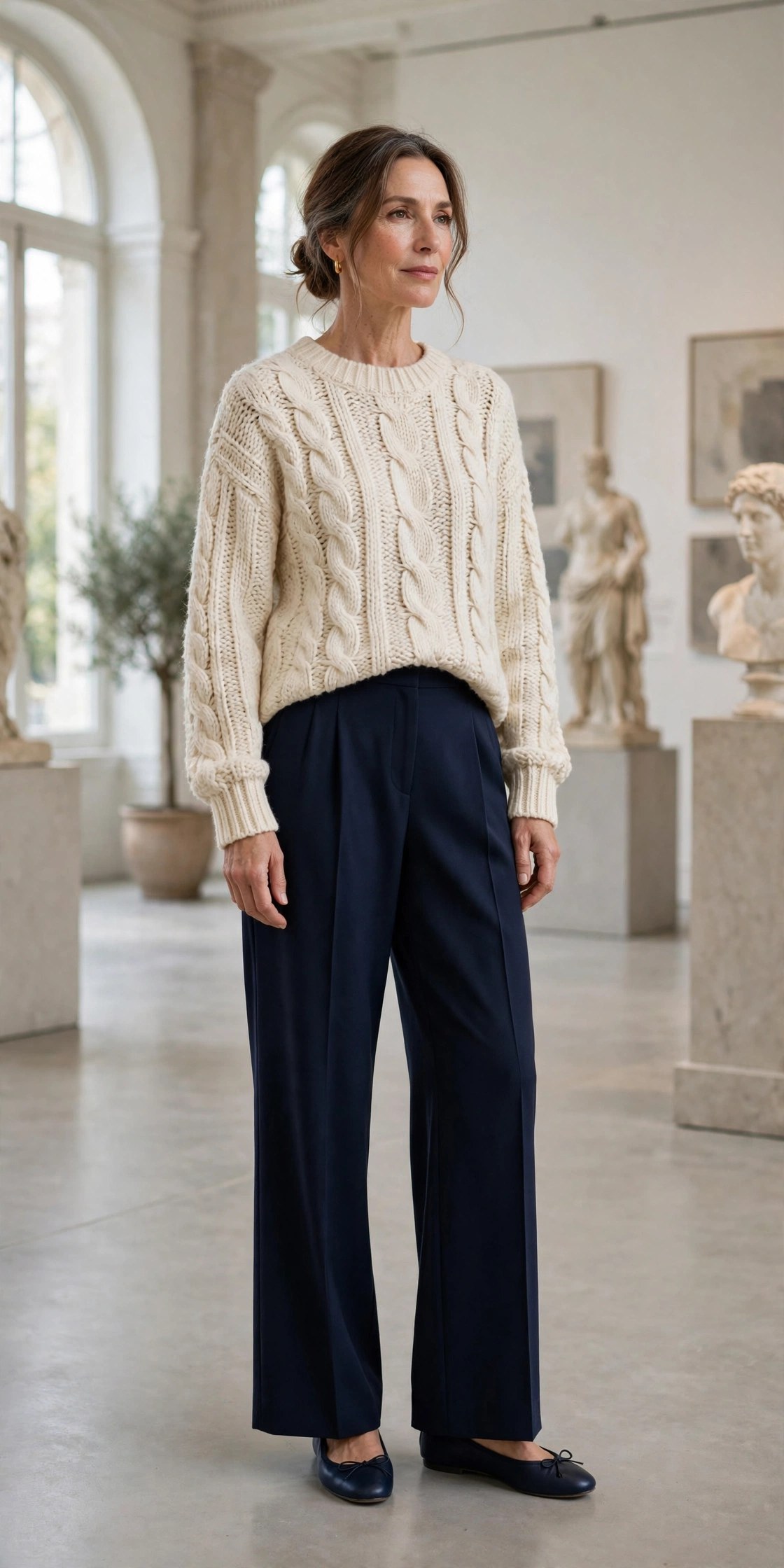 Elegant woman over 50 in cream chunky knit with navy wide-leg trousers