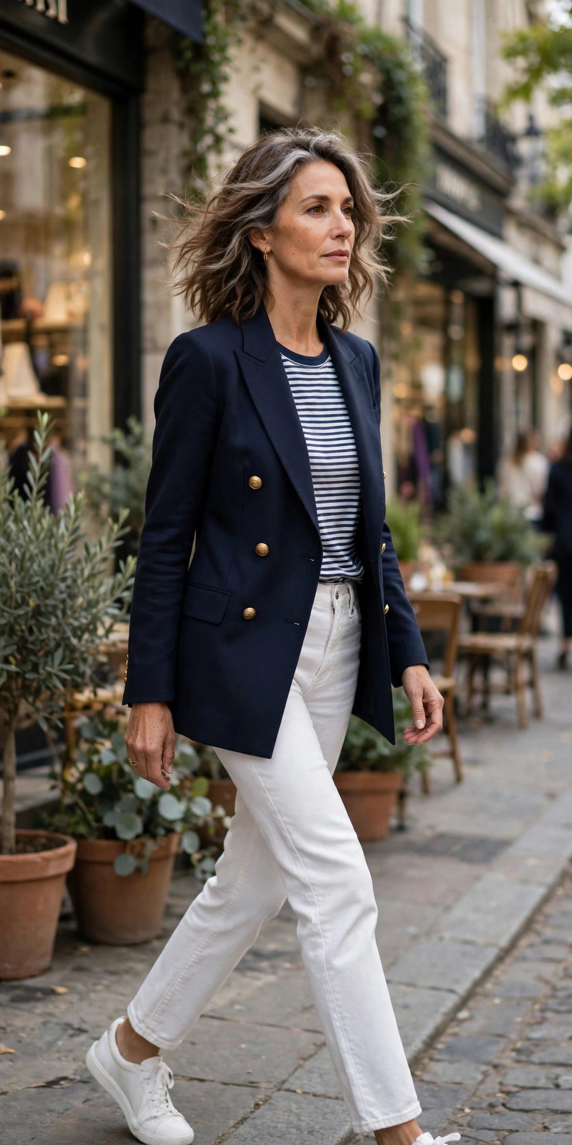 Woman in her 50s in navy double-breasted blazer over striped tee and white jeans