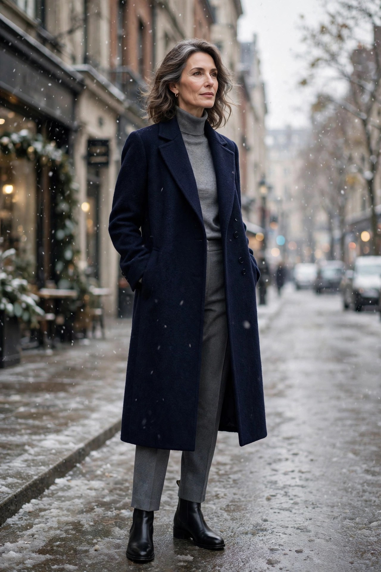 Woman over 50 wearing long navy wool overcoat over grey turtleneck and trousers