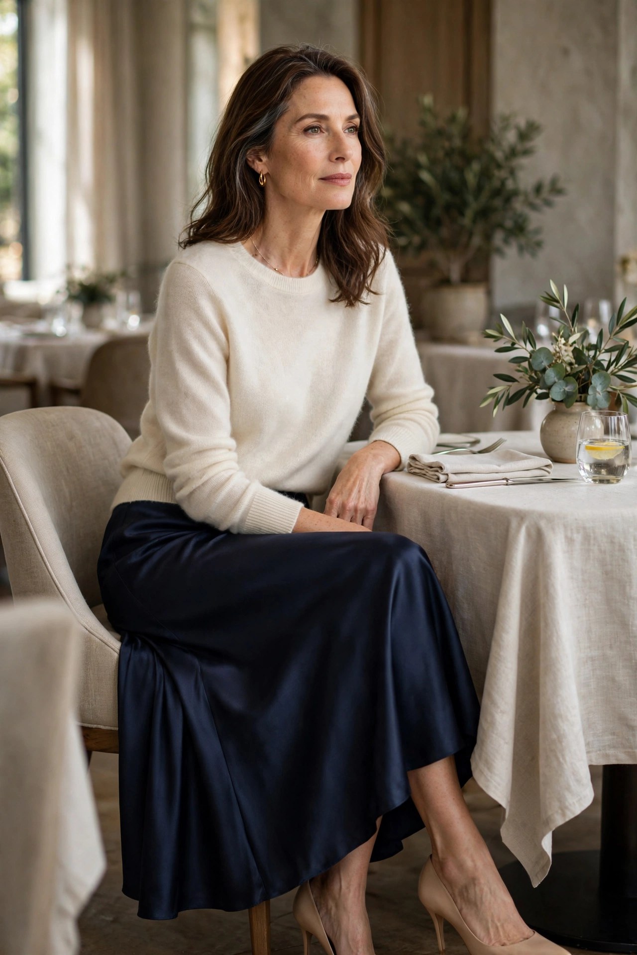 Elegant woman over 50 in navy satin midi skirt with cream cashmere sweater