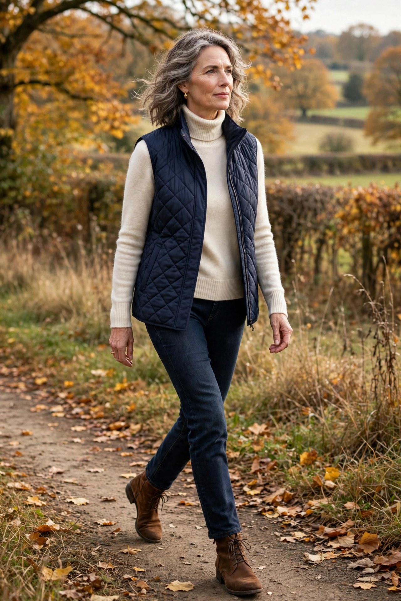Woman over 50 wearing navy quilted vest over cream turtleneck with dark jeans