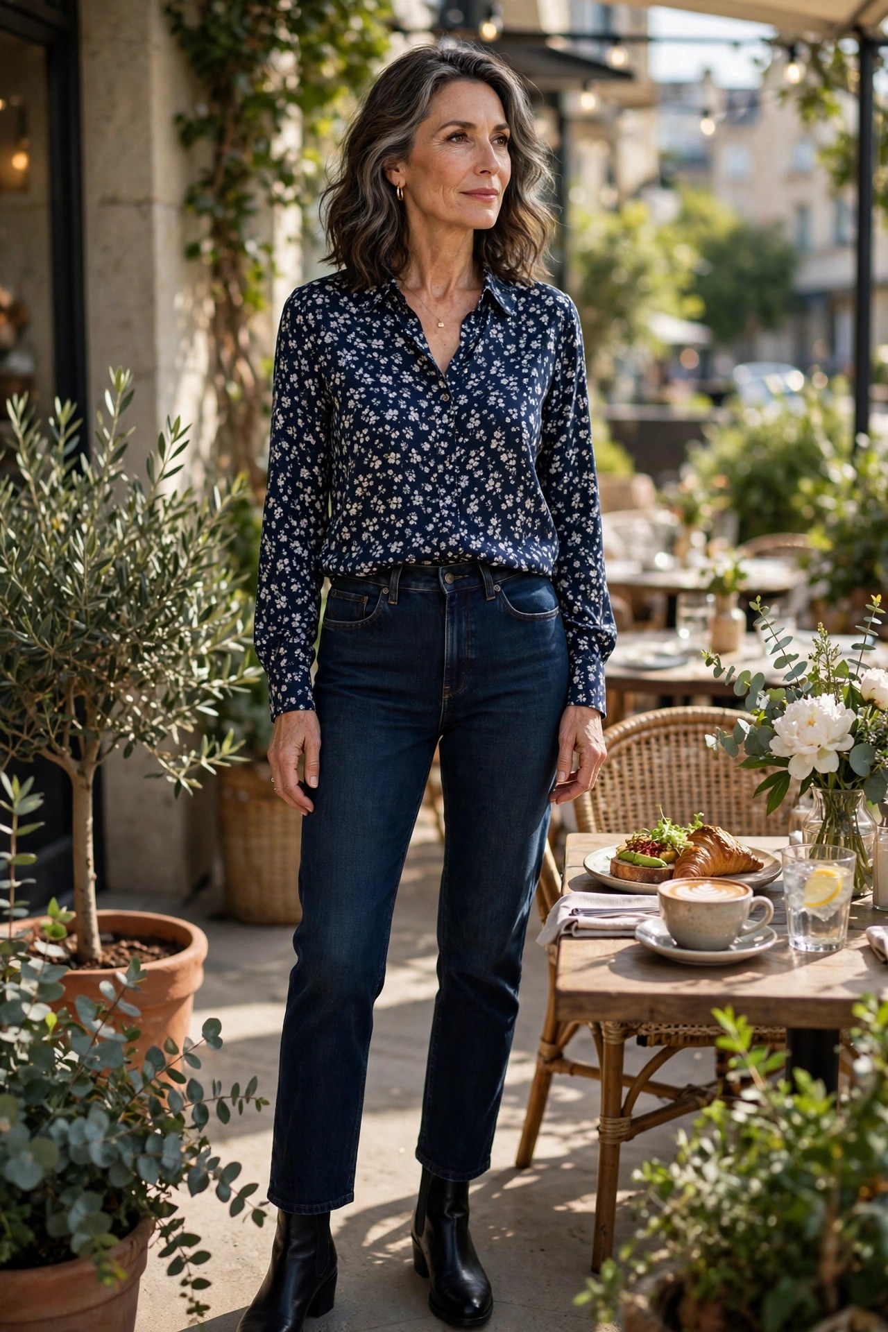 Elegant woman over 50 in navy floral blouse tucked into dark straight-leg jeans