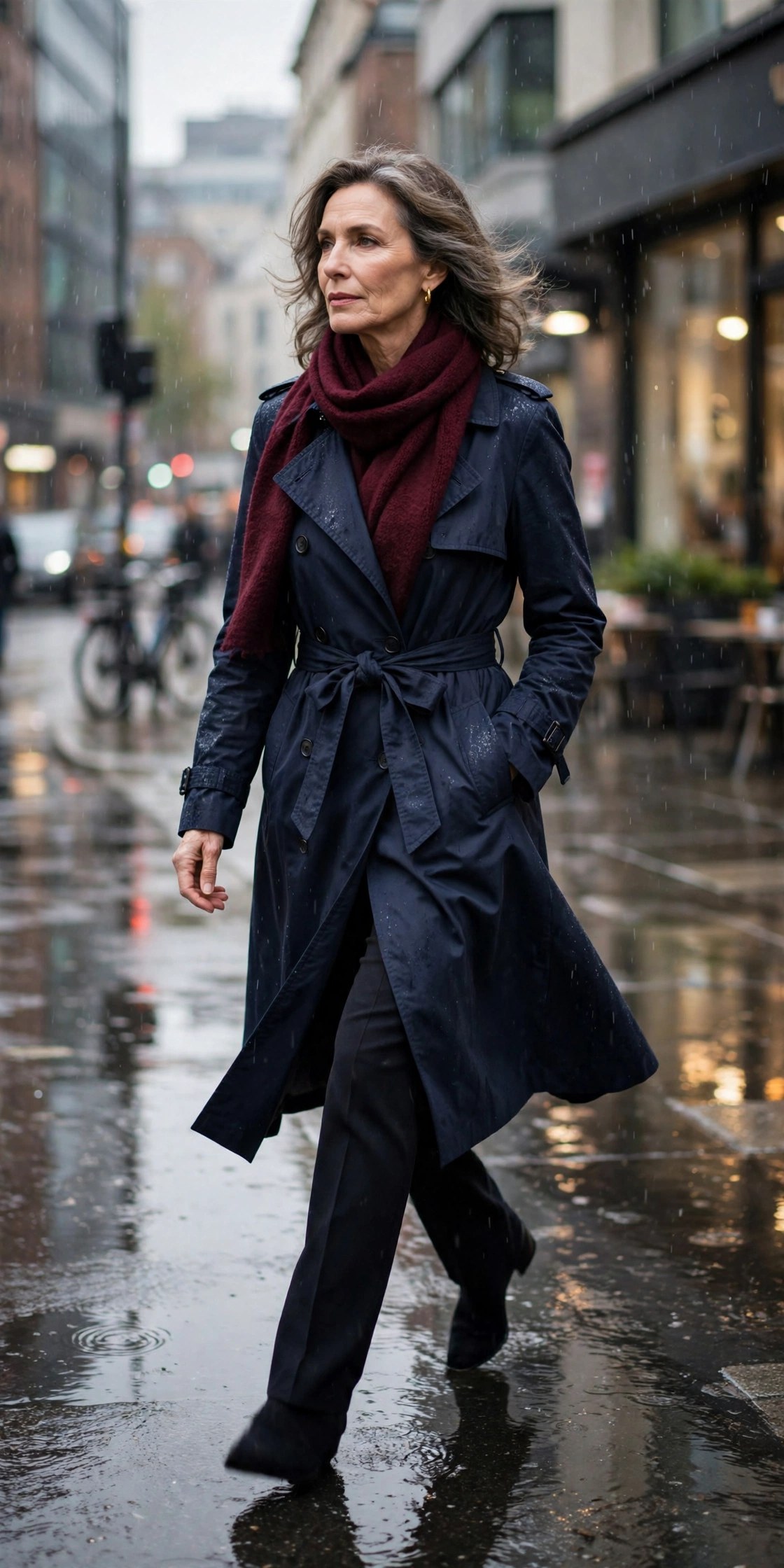 Woman over 50 wearing navy belted trench coat with burgundy wool scarf