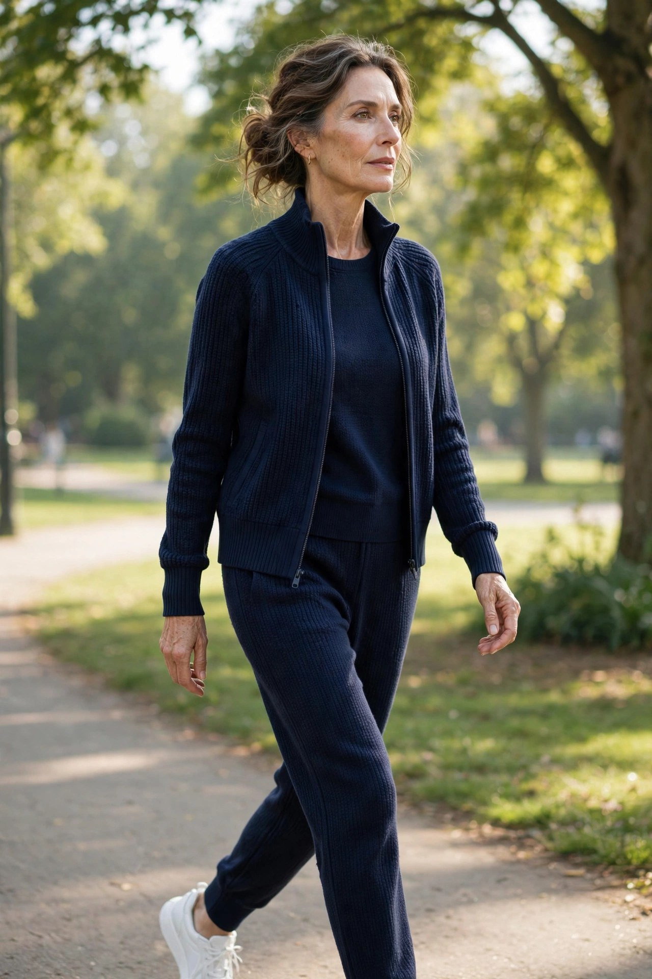 Elegant woman over 50 in navy knit athleisure set with white sneakers