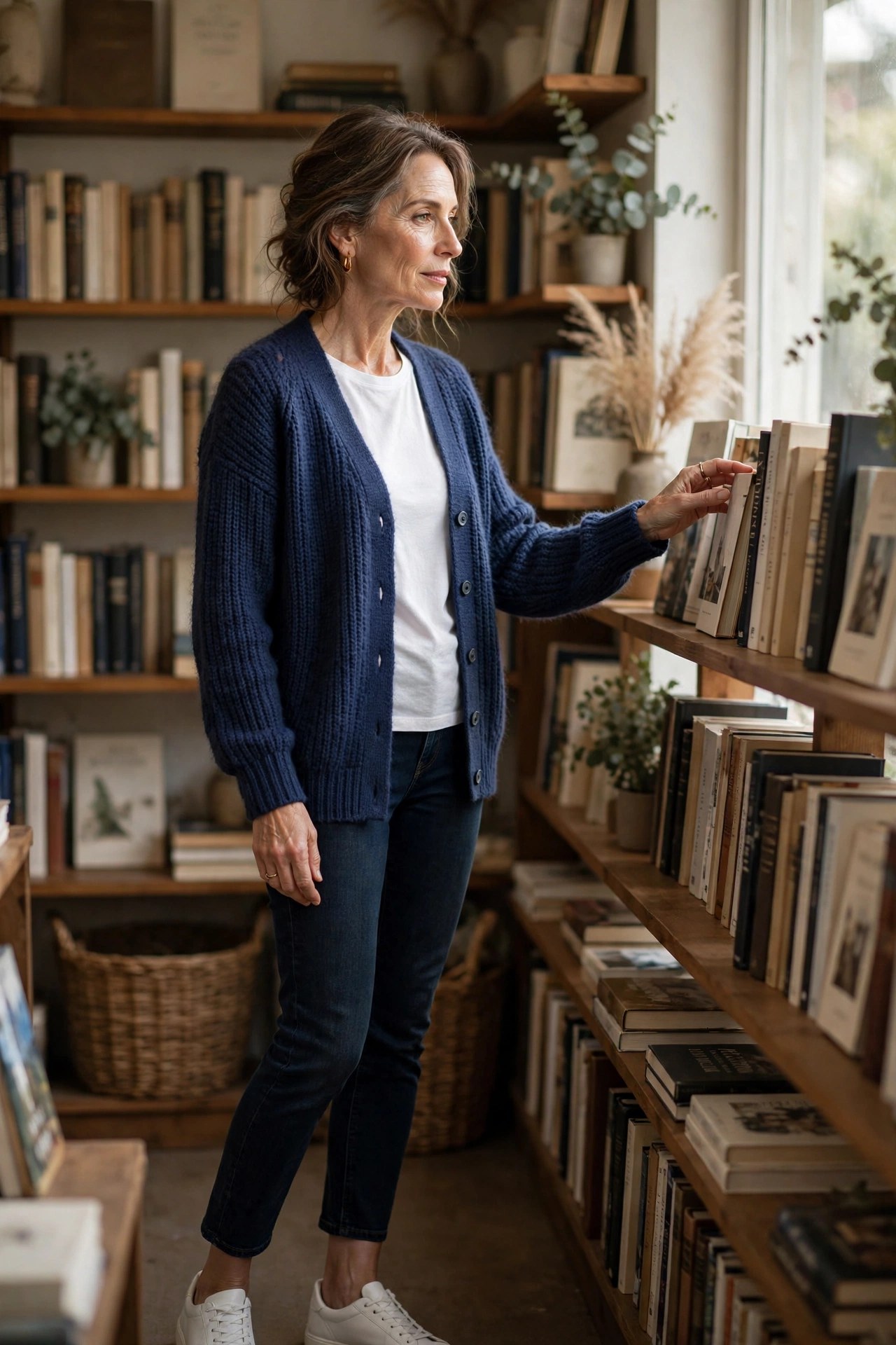 Woman over 50 wearing navy knit cardigan over white tee with dark ankle jeans