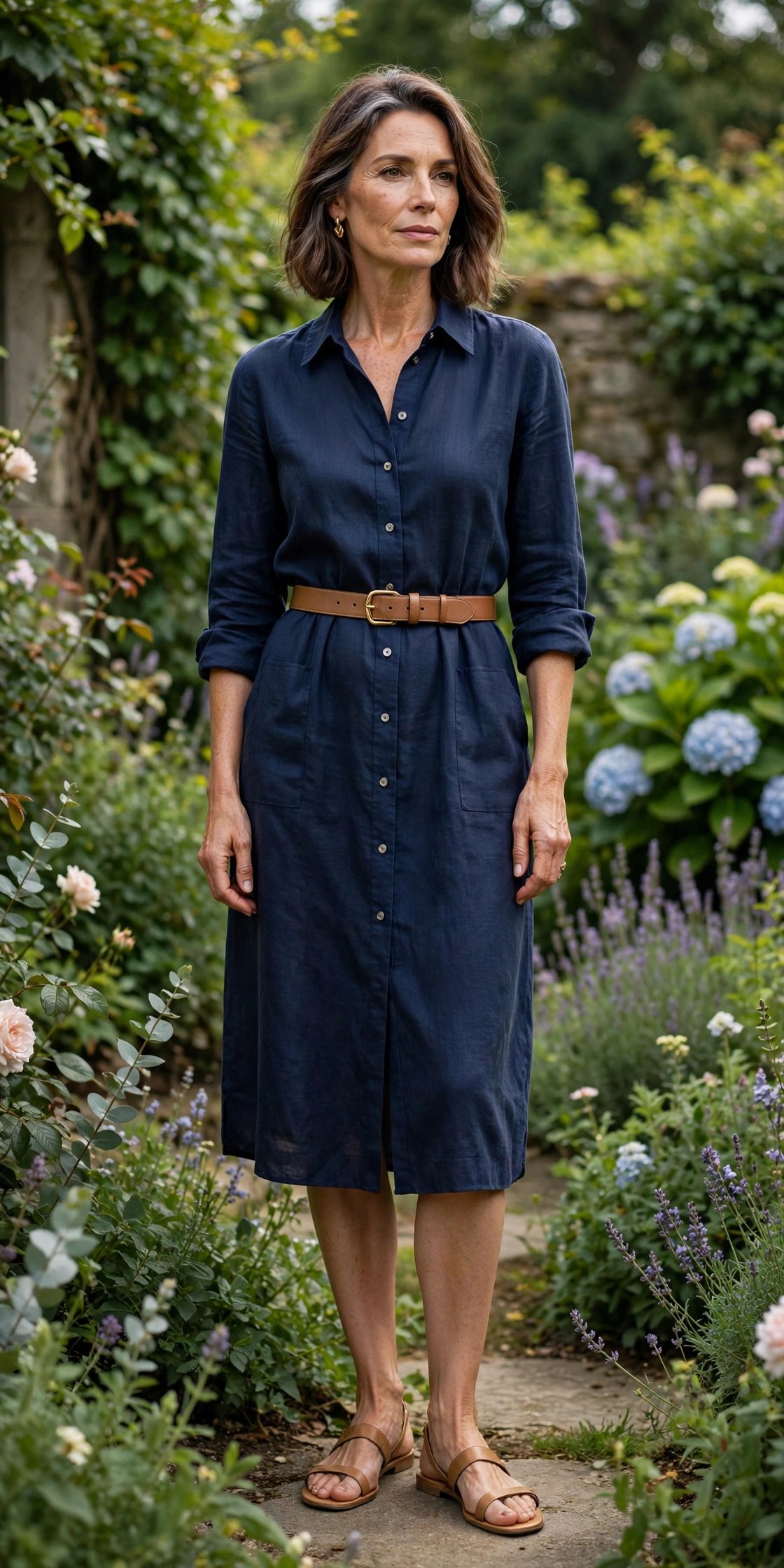 Woman in her 50s in navy shirt dress with tan leather belt and sandals