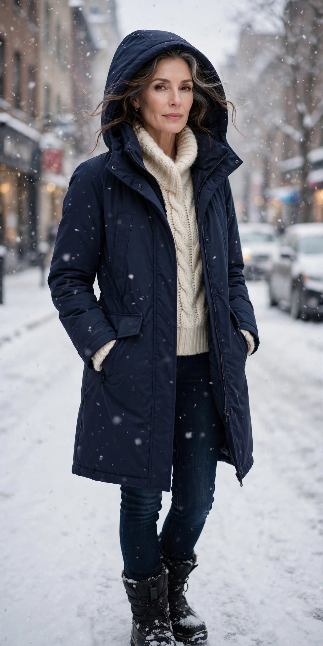 Woman over 50 wearing navy hooded parka over cream fisherman knit in snow
