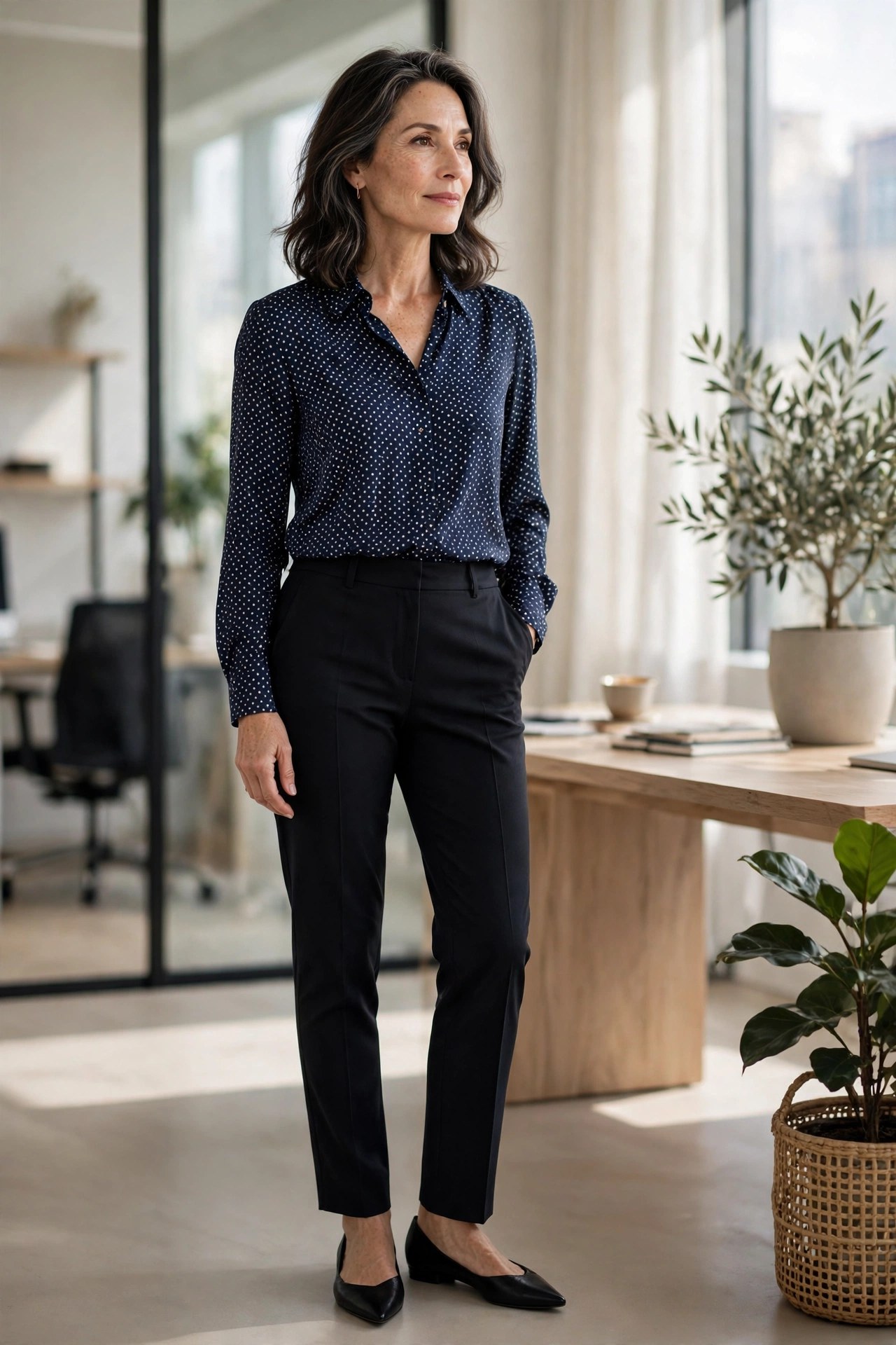 Elegant woman over 50 in navy polka-dot blouse with black tailored trousers