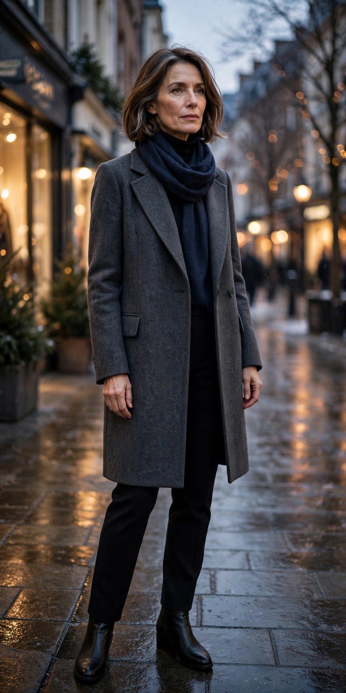 Woman in her 50s in charcoal wool coat with navy cashmere scarf at night