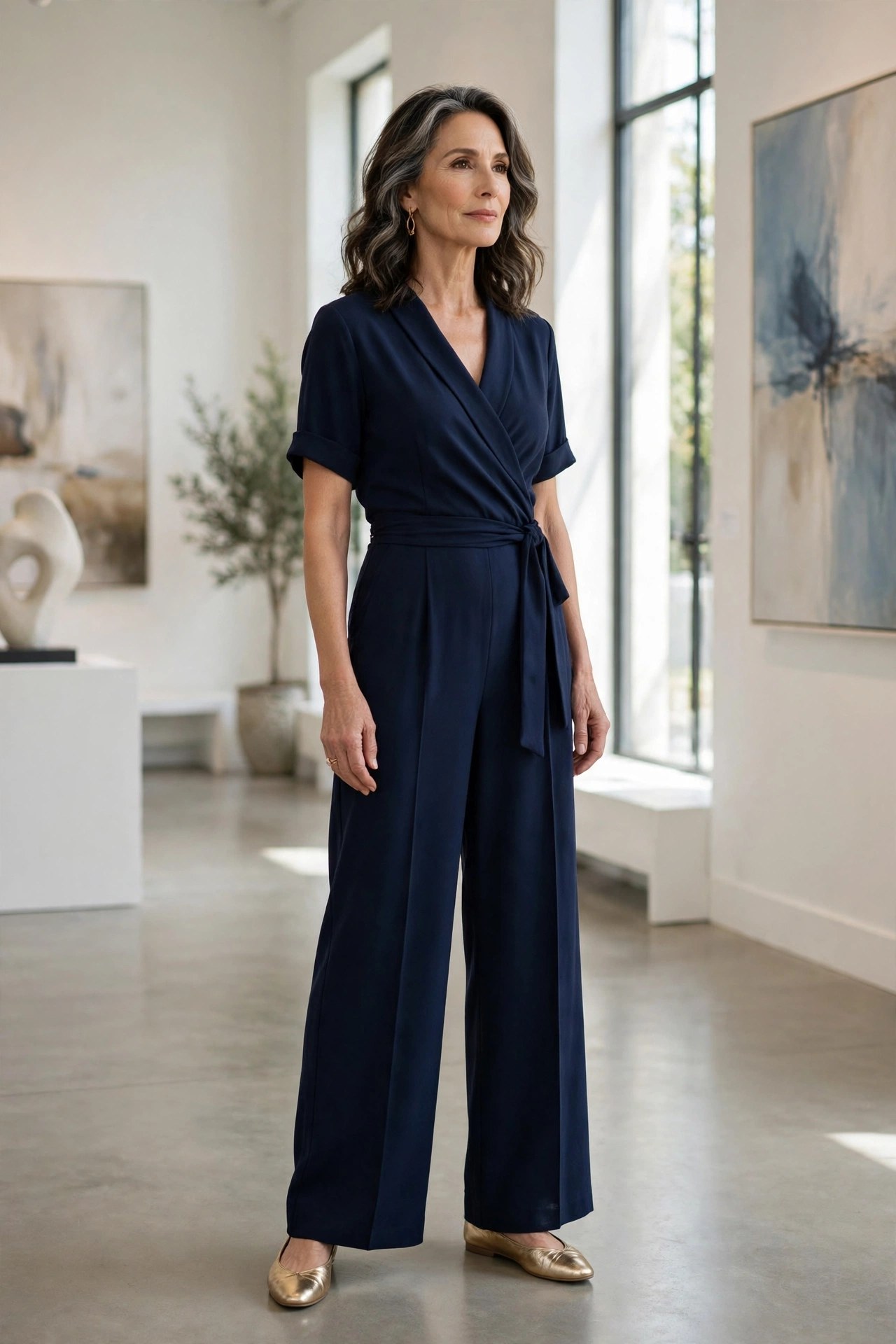 Elegant woman over 50 in navy wide-leg wrap jumpsuit with gold flats