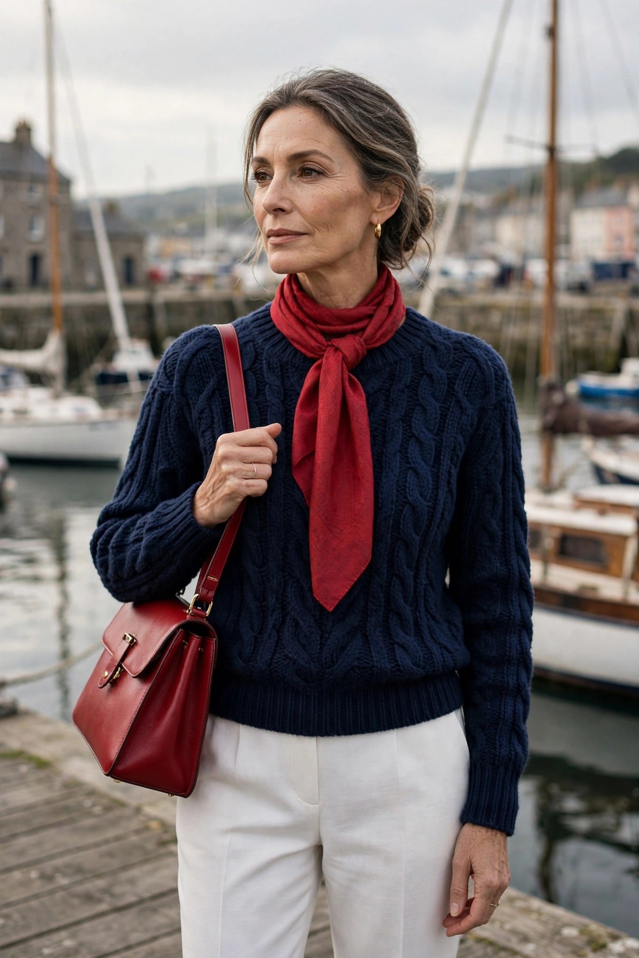 Woman over 50 in navy knit sweater, white trousers, red scarf and red bag