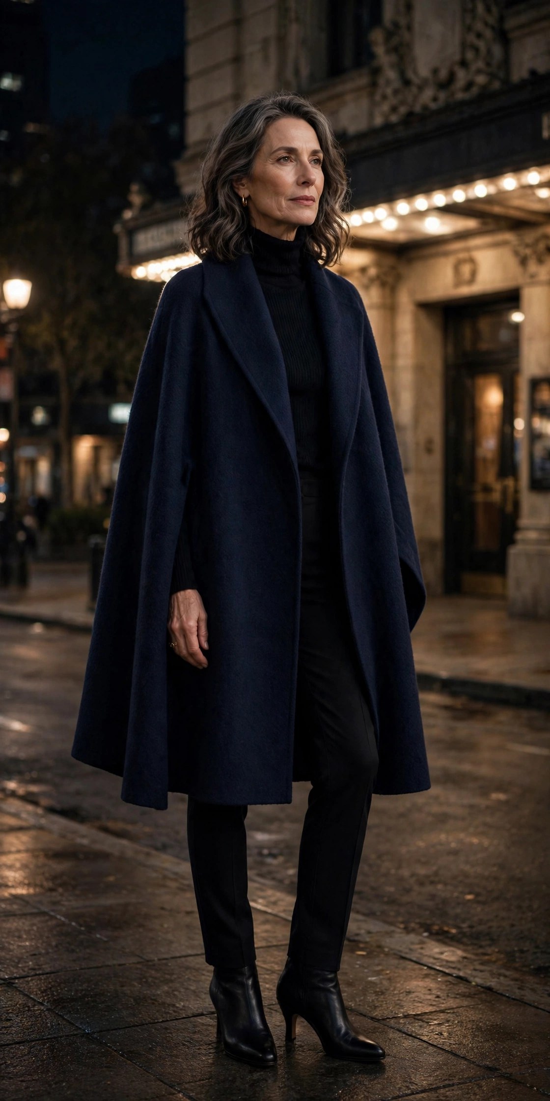 Elegant woman over 50 in navy wool cape over black turtleneck at theater