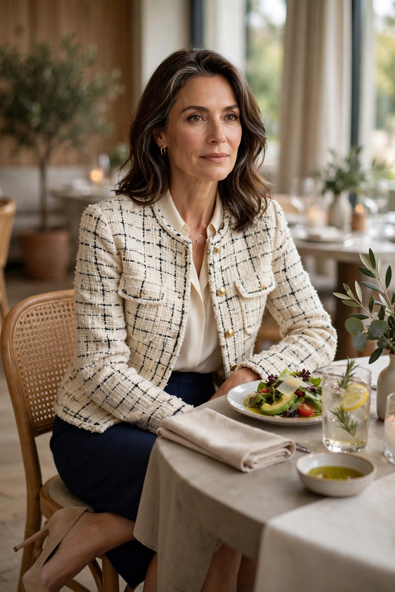 Woman in her 50s in navy pencil skirt with cream tweed jacket at lunch