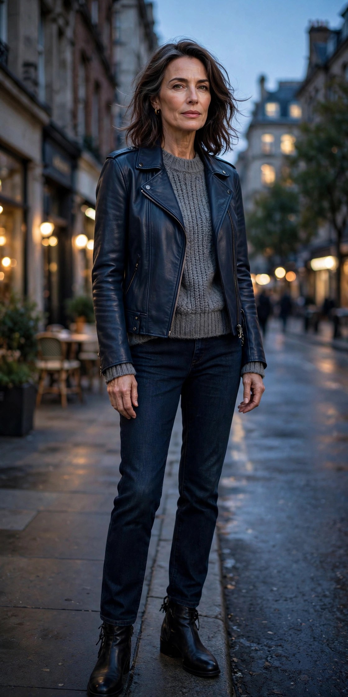 Woman in her 50s in navy leather jacket over grey knit with dark jeans
