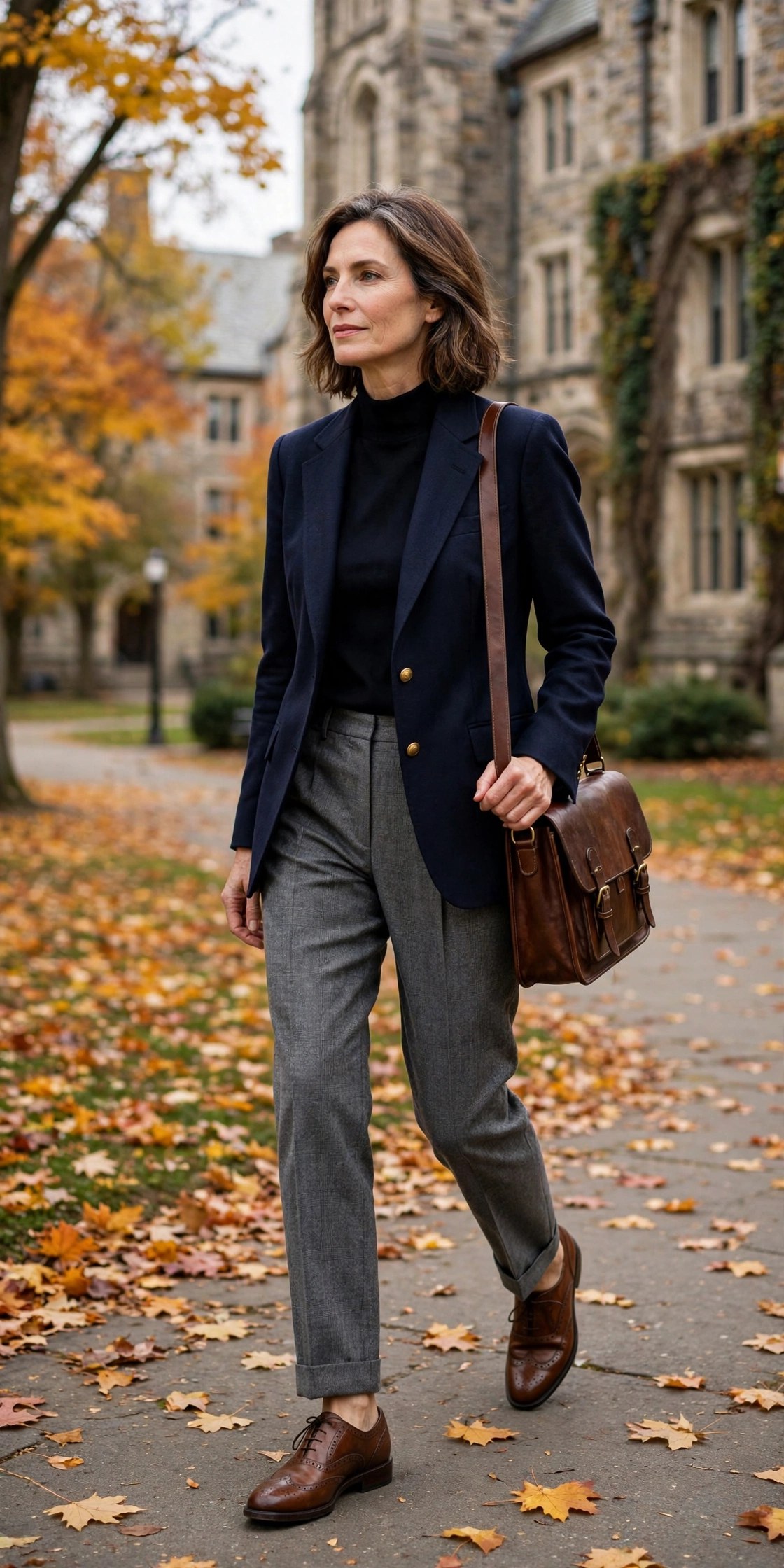 Elegant woman over 50 in navy blazer with grey flannel trousers on campus