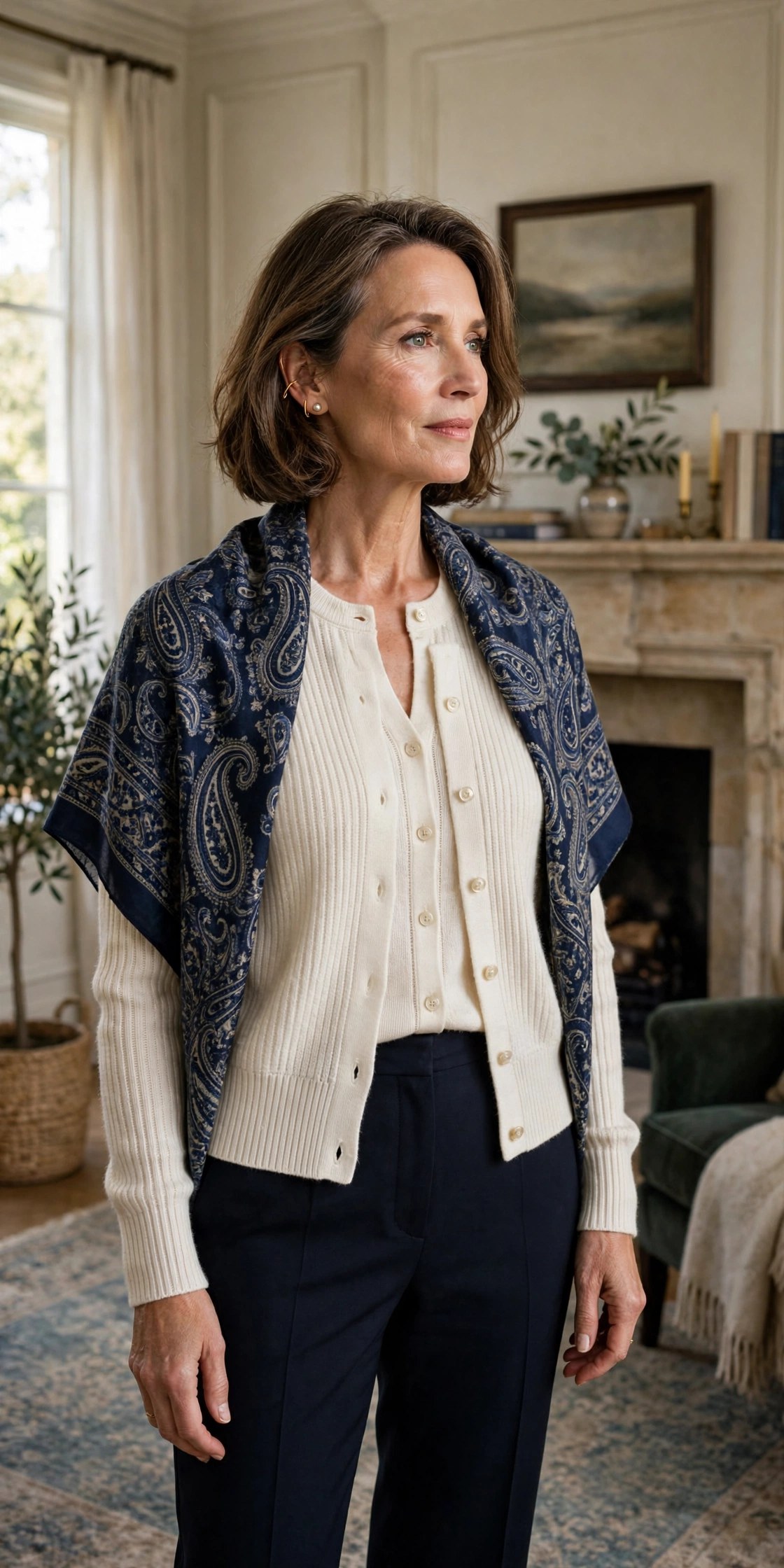 Woman over 50 in ivory knit twinset with navy paisley shawl by fireplace