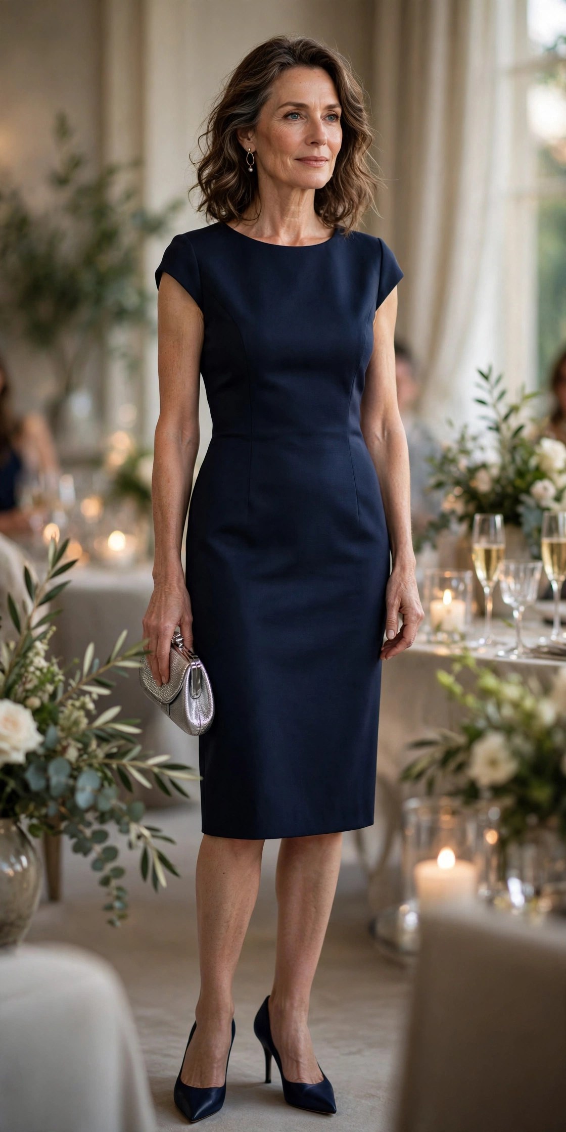 Elegant woman over 50 in navy sheath cocktail dress with navy pumps