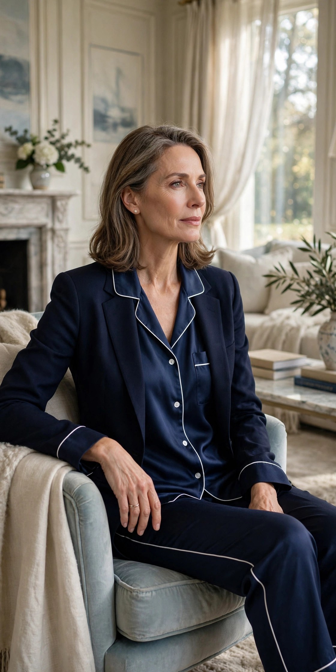 Woman in her 50s in navy silk pajama set with white piping and navy blazer