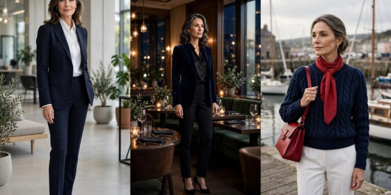 Navy outfits for women over 50 — collage of timeless navy blazer, velvet and nautical looks