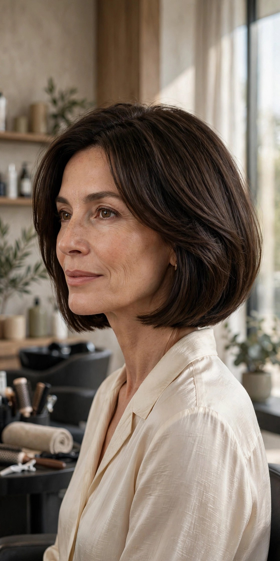 Chin-length blunt bob with hidden volume layers on fine hair, woman in her 40s