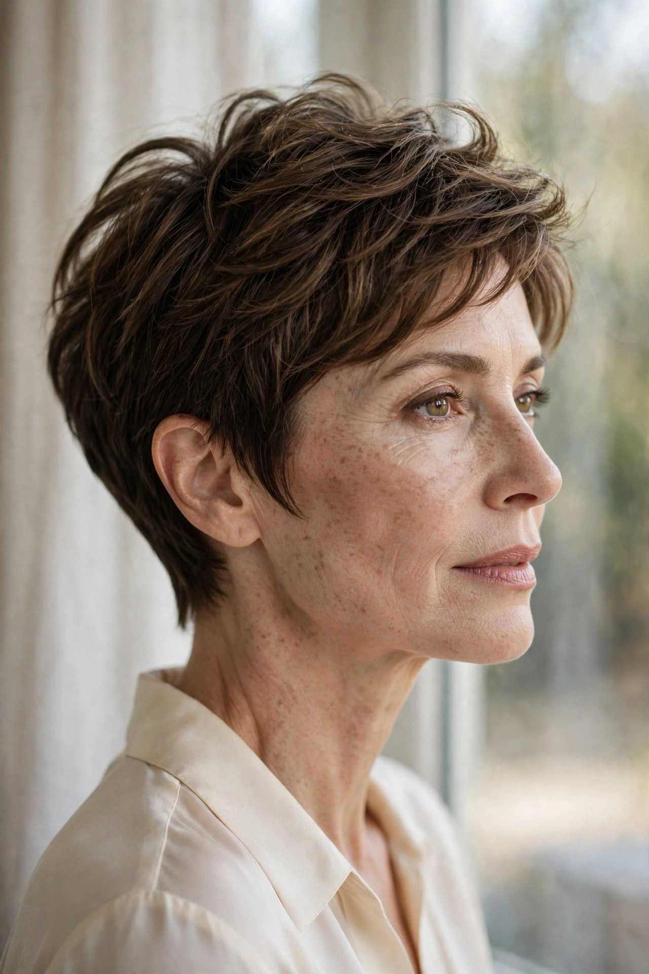 Bixie haircut with lifted layered crown, woman in her 40s