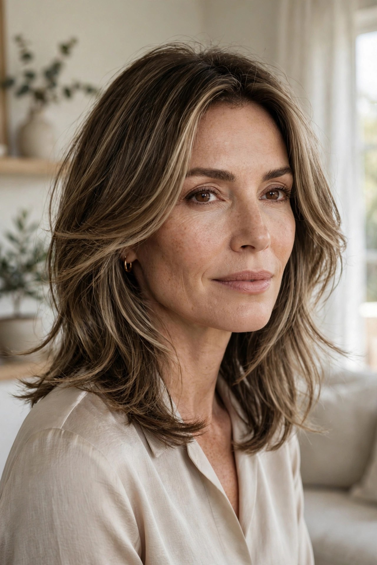 Collarbone-length lob with face-framing layers, woman in her 40s