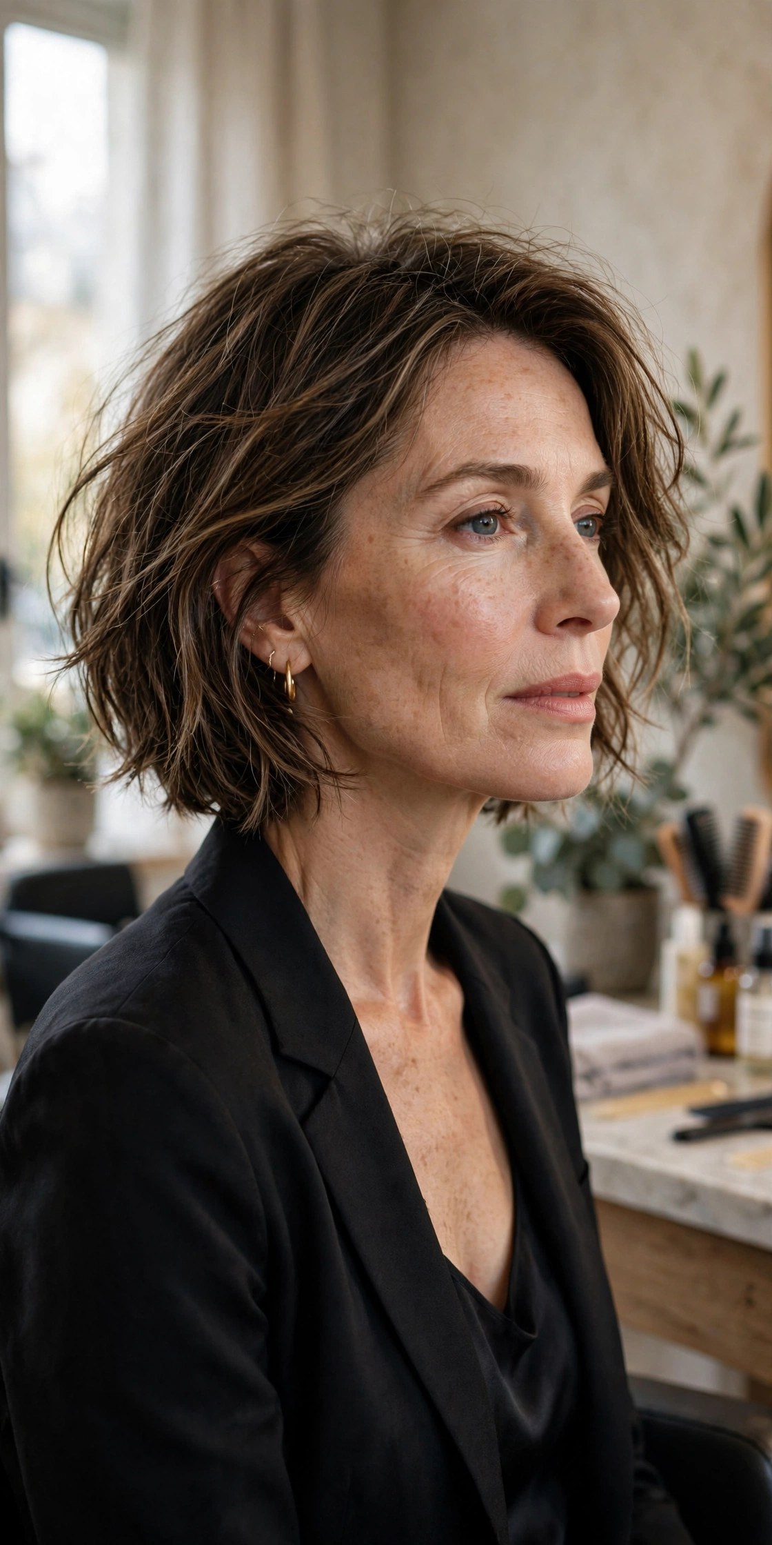 Soft Parisian French bob with light natural texture, woman in her 40s