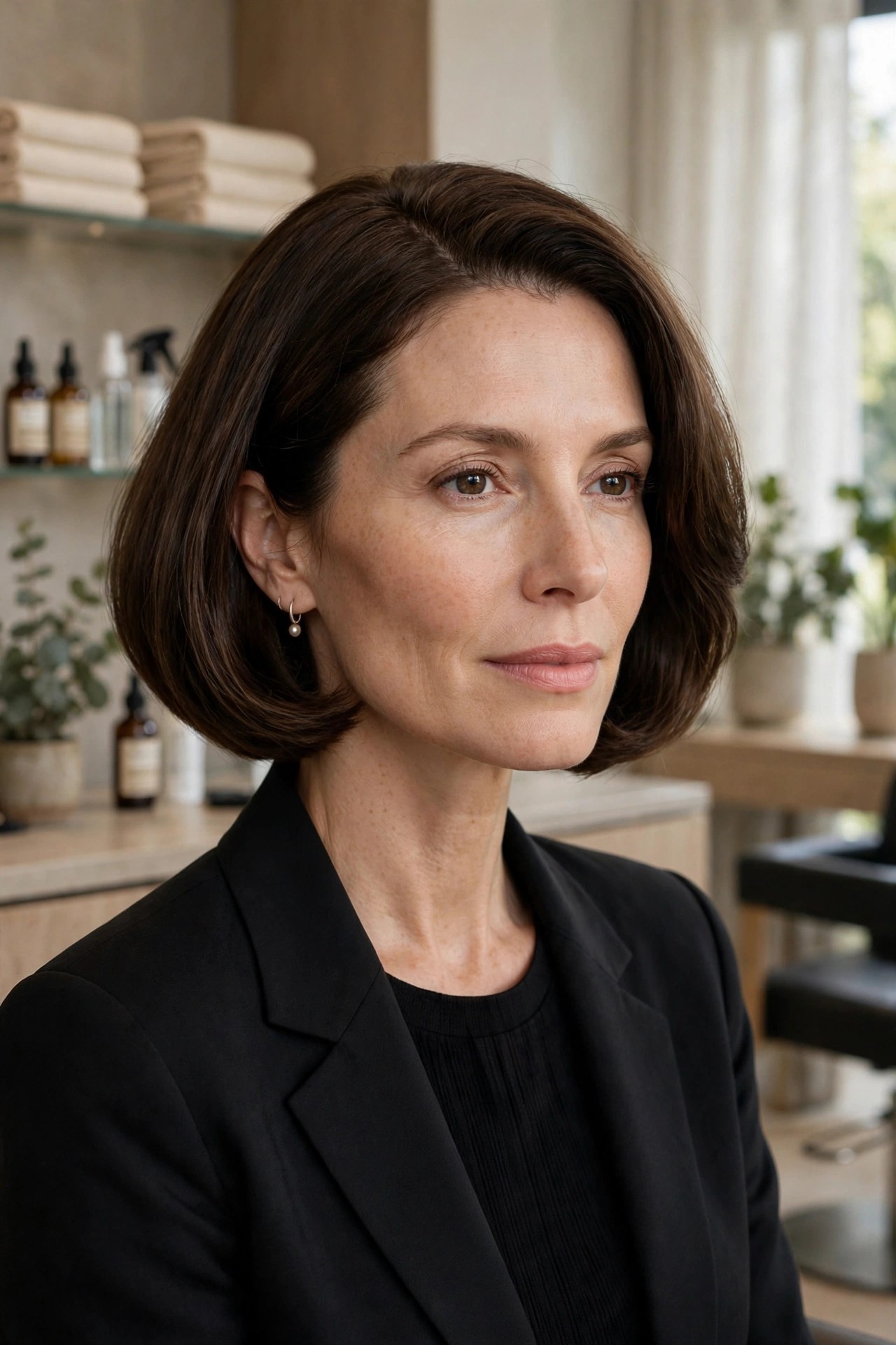 Rounded bob with deep side part and full sides, woman in her 40s