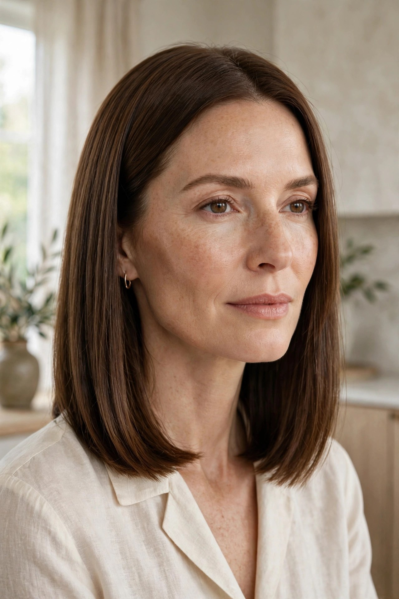 One-length shoulder-skimming cut with blunt ends, woman in her 40s