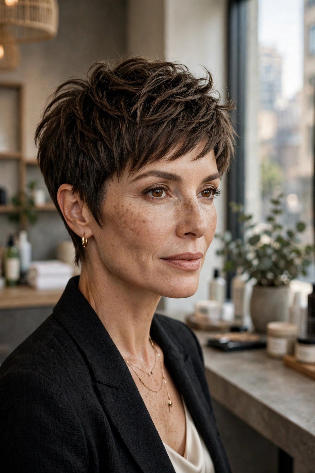 Textured pixie with longer choppy top layers, woman in her 40s
