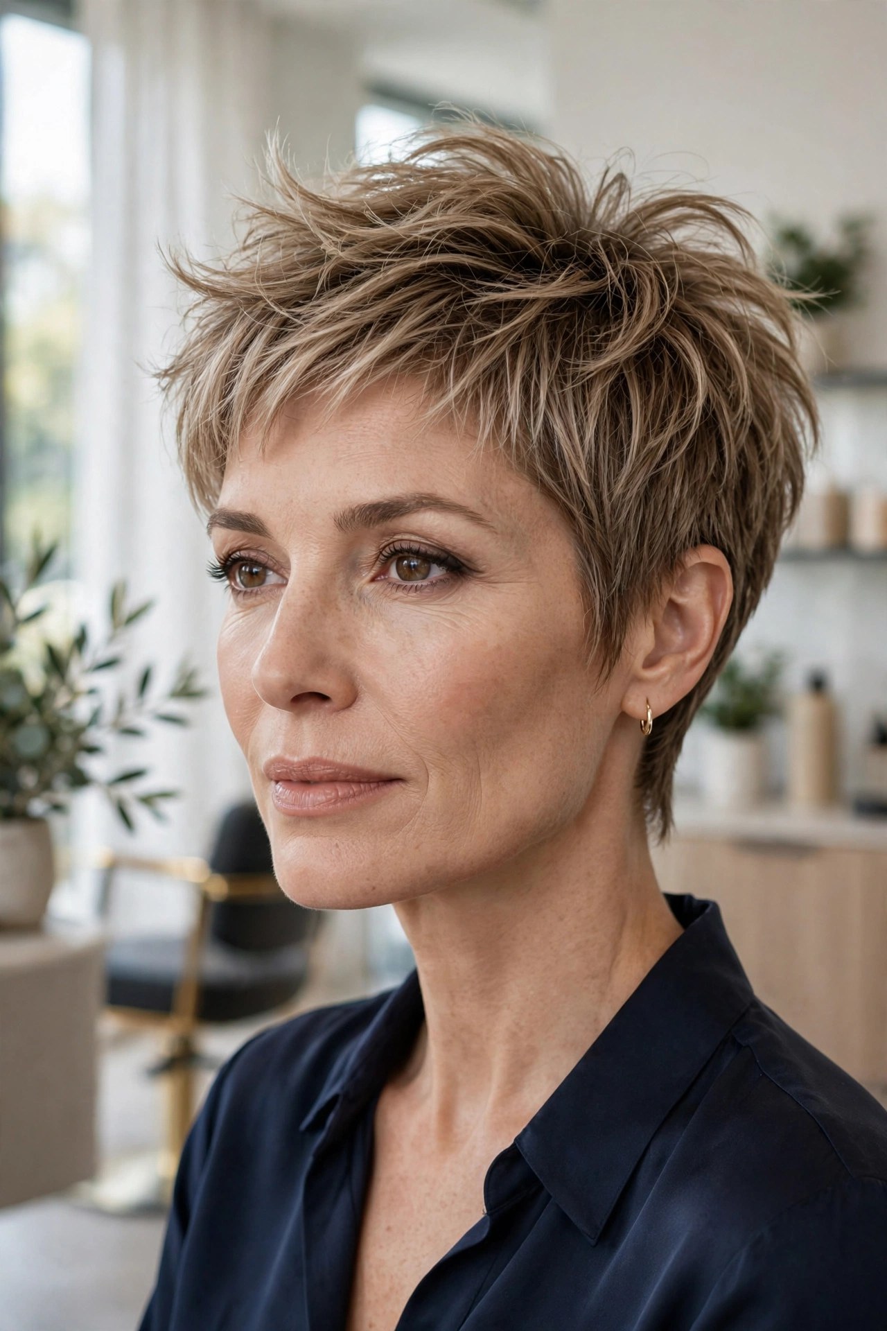 Feathered pixie with airy texture at the crown, woman in her 40s