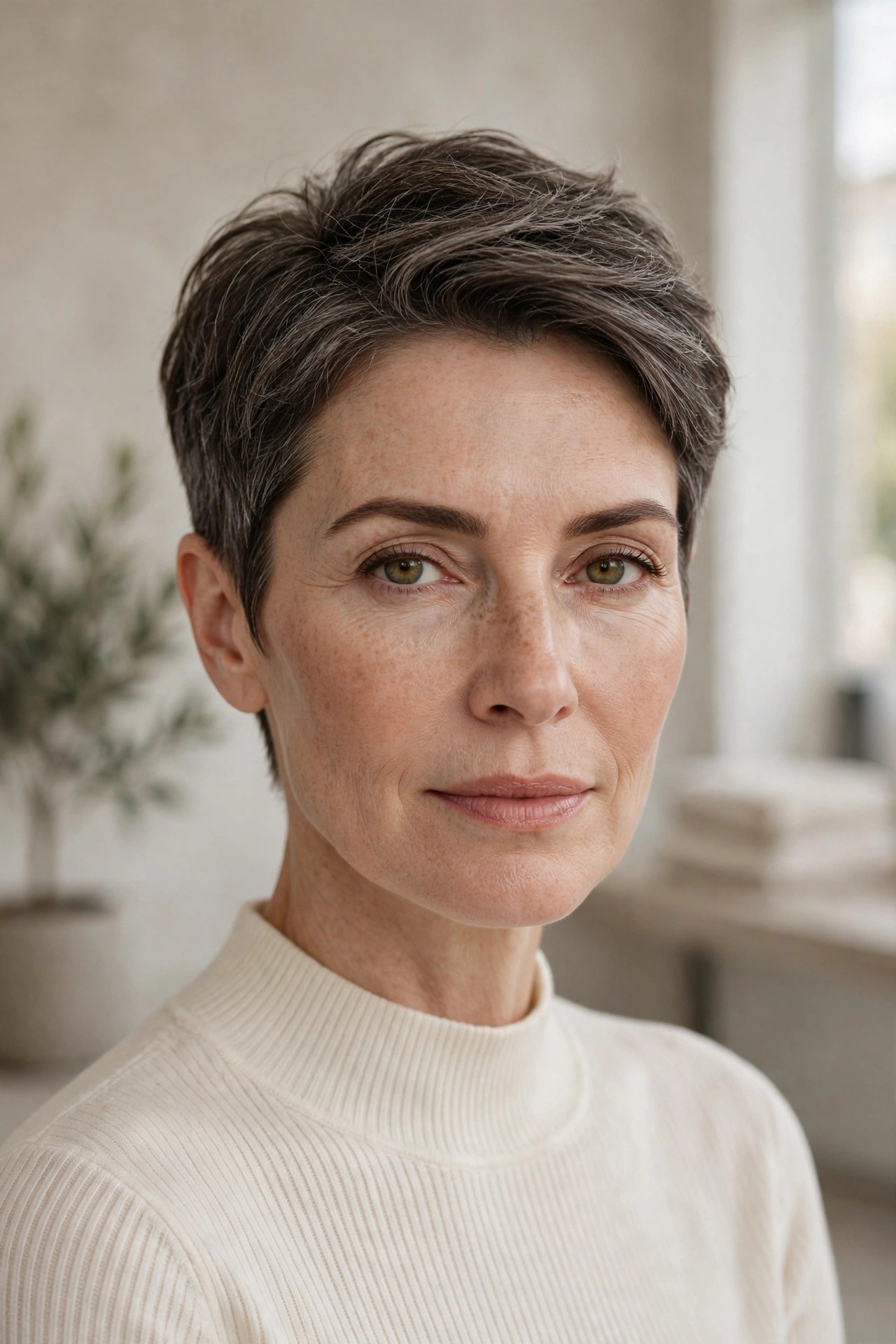 Tapered crop haircut with neat neckline and soft texture, woman in her 40s