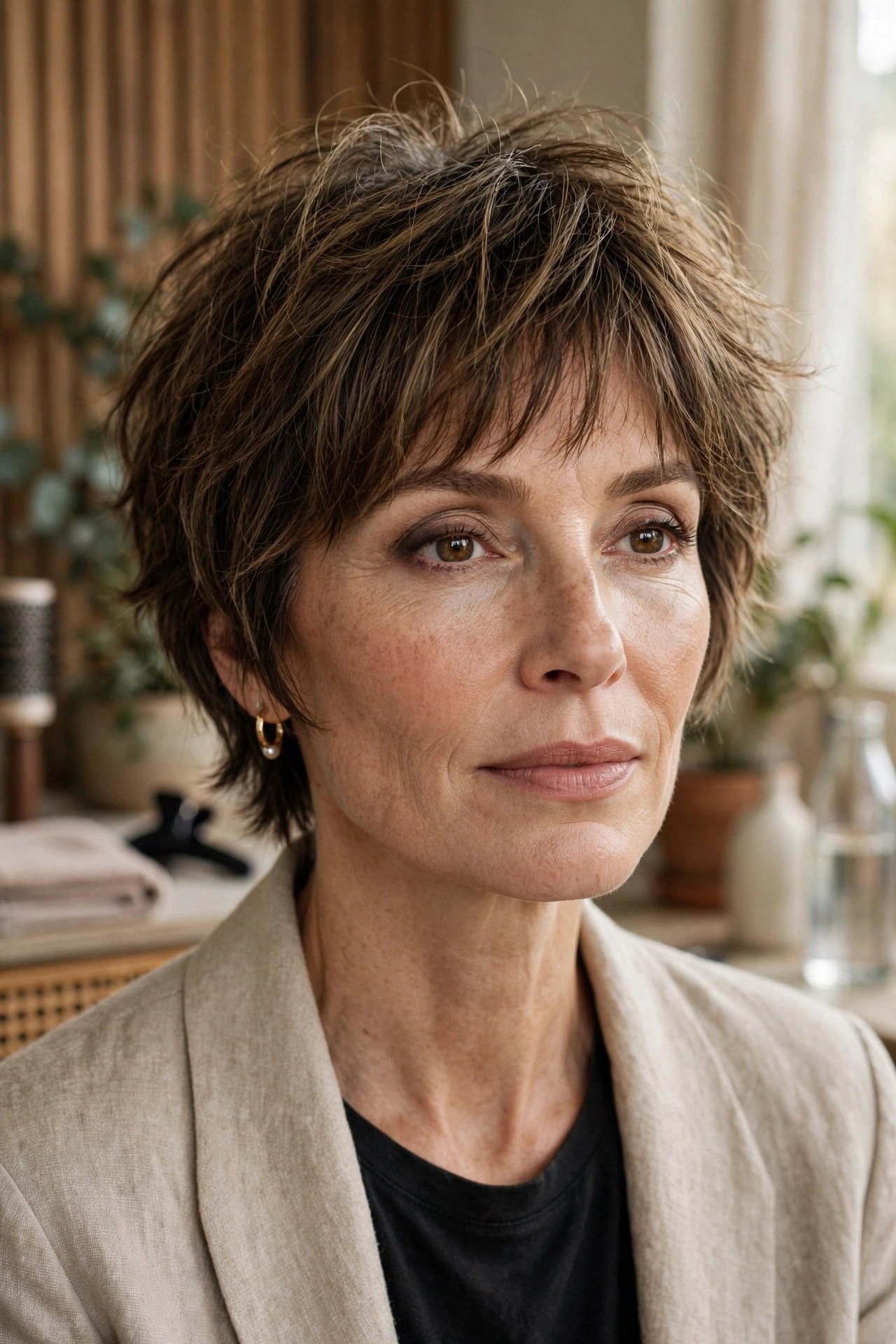 Short shag haircut with wispy airy crown layers, woman in her 40s