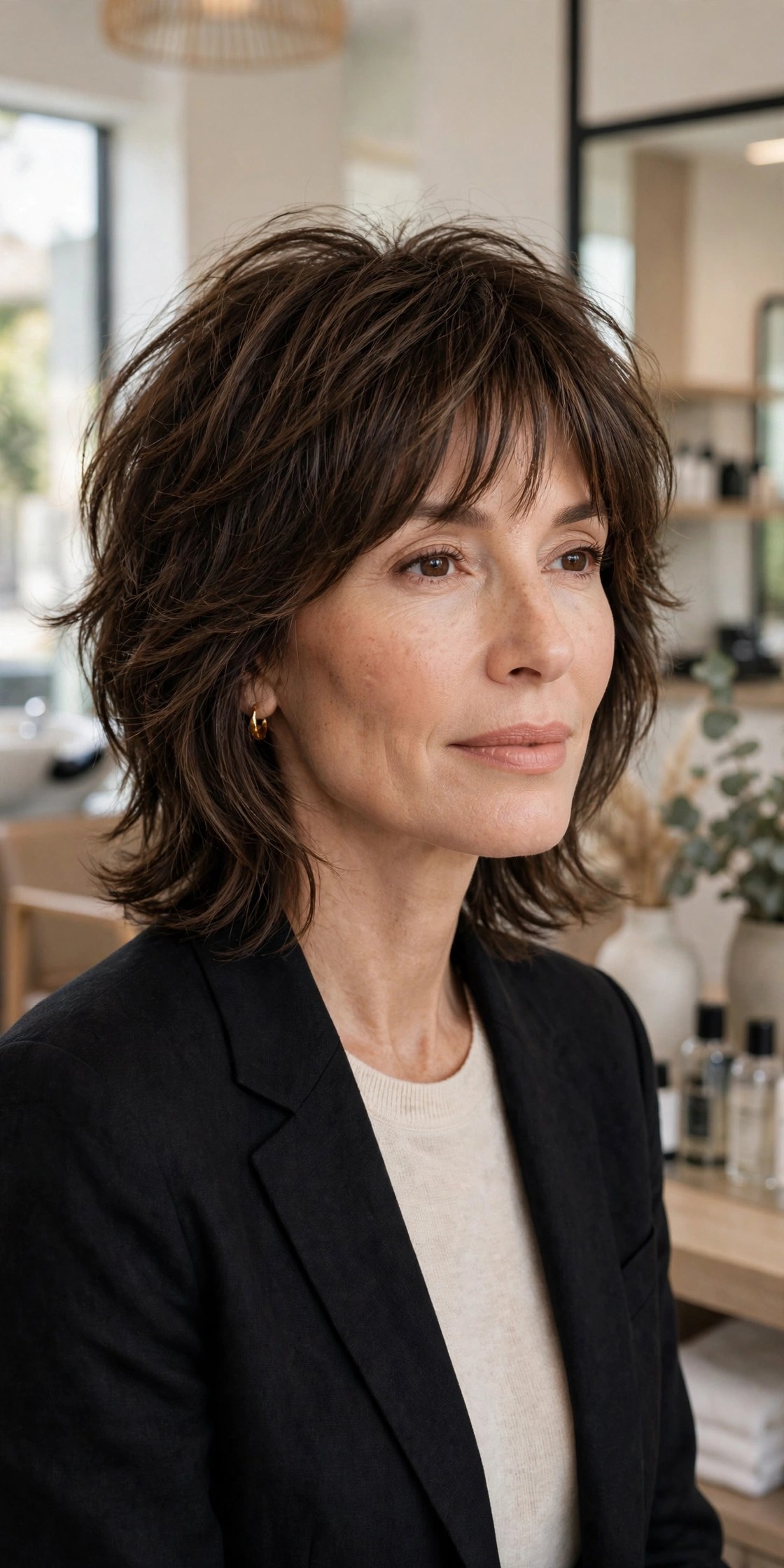 Relaxed wolf cut with soft blended layers and light fringe, woman in her 40s
