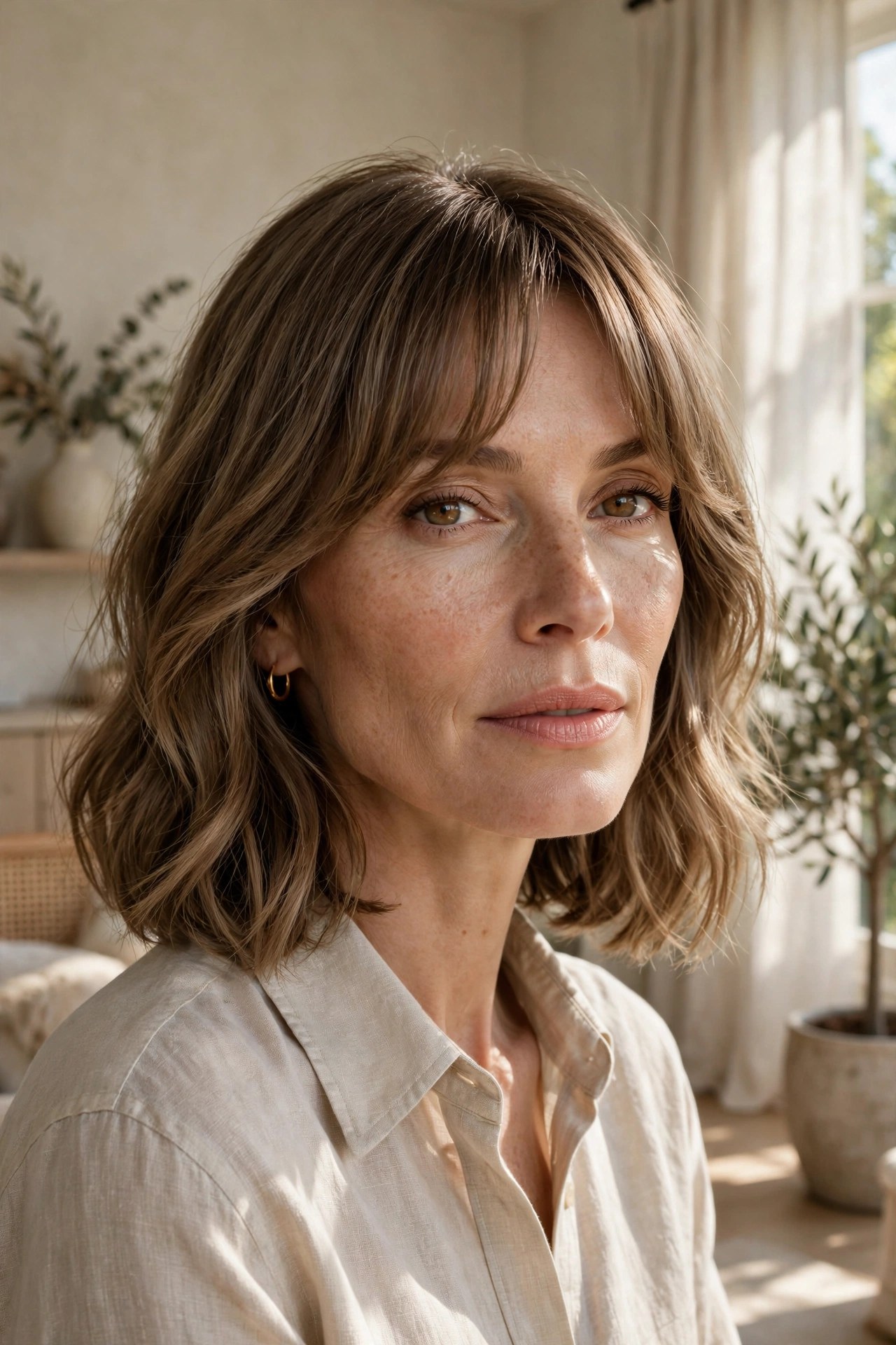 Long bob with curtain bangs framing the face, woman in her 40s