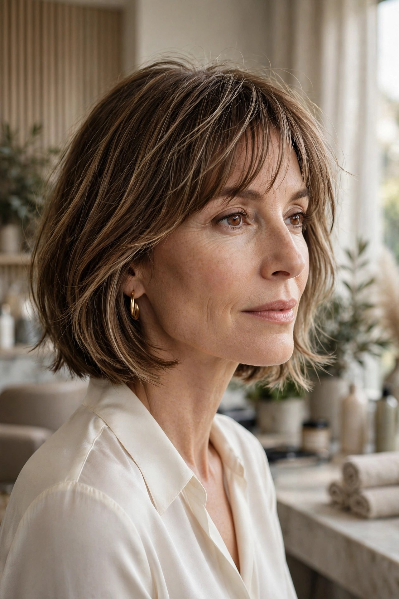 Chin-length bob with wispy feathered fringe bangs, woman in her 40s