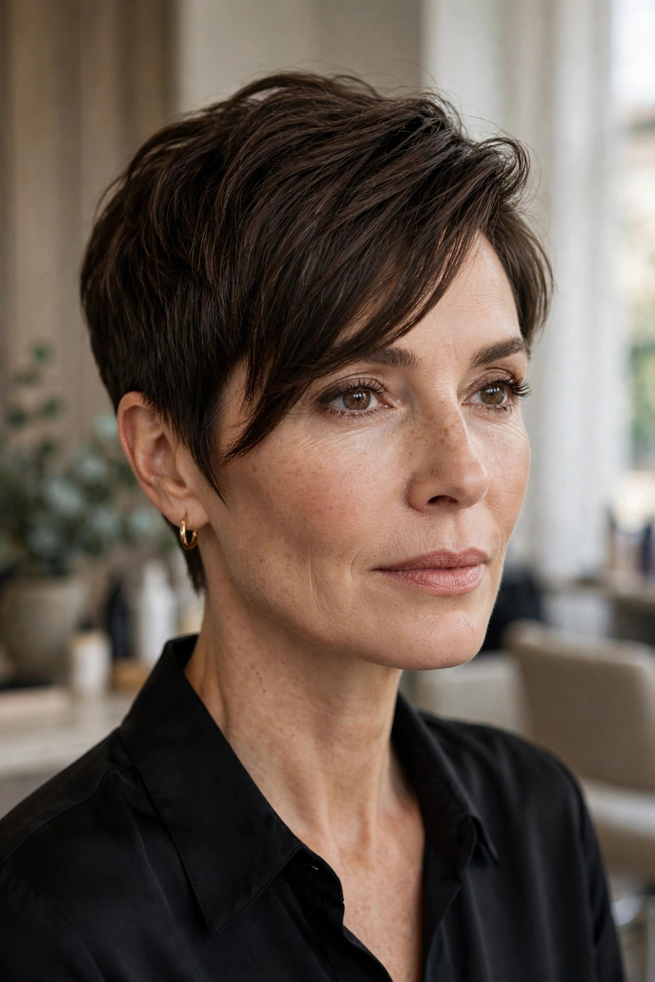 Pixie haircut with long side-swept bangs, woman in her 40s