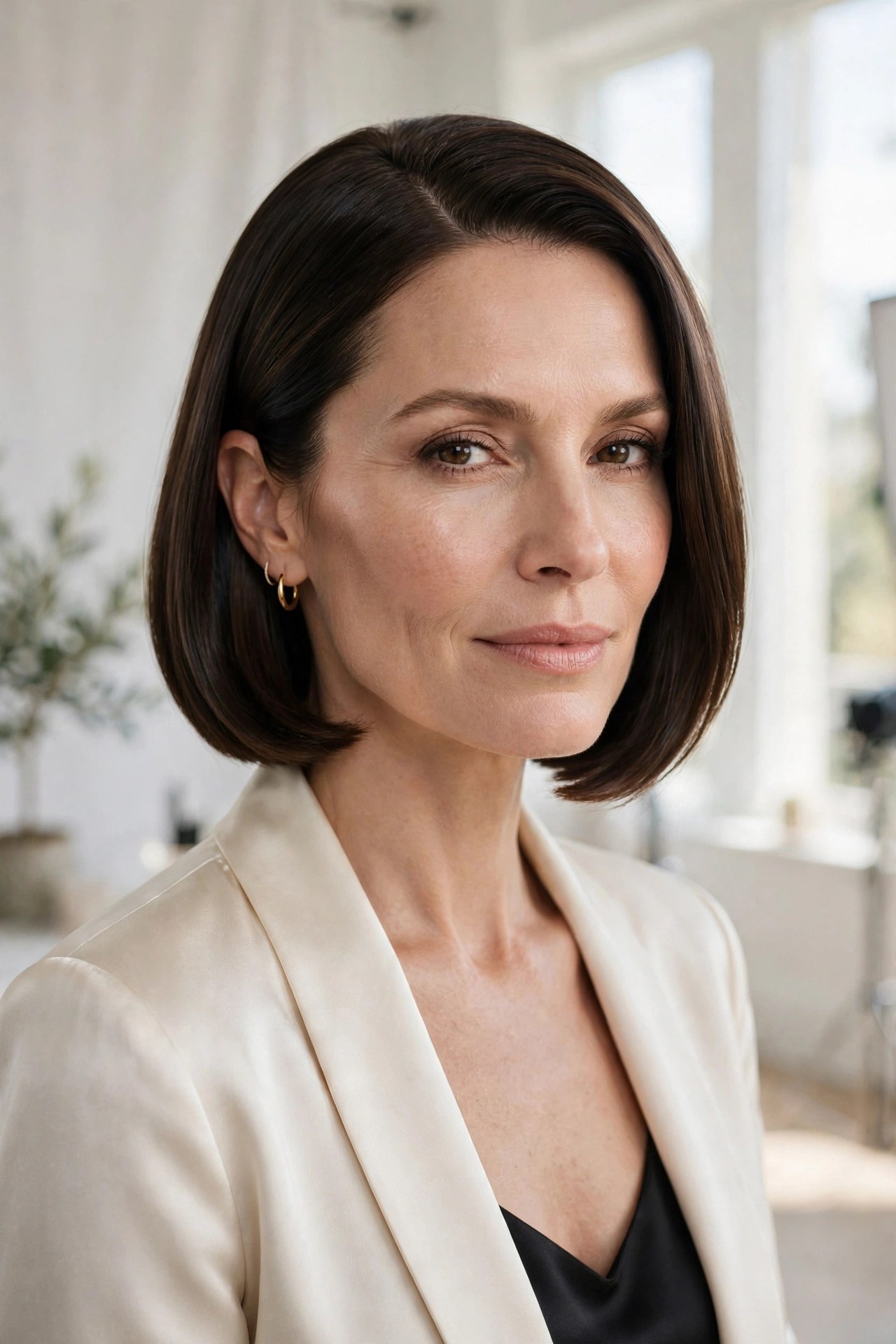 Jaw-length bob with a deep side part, woman in her 40s
