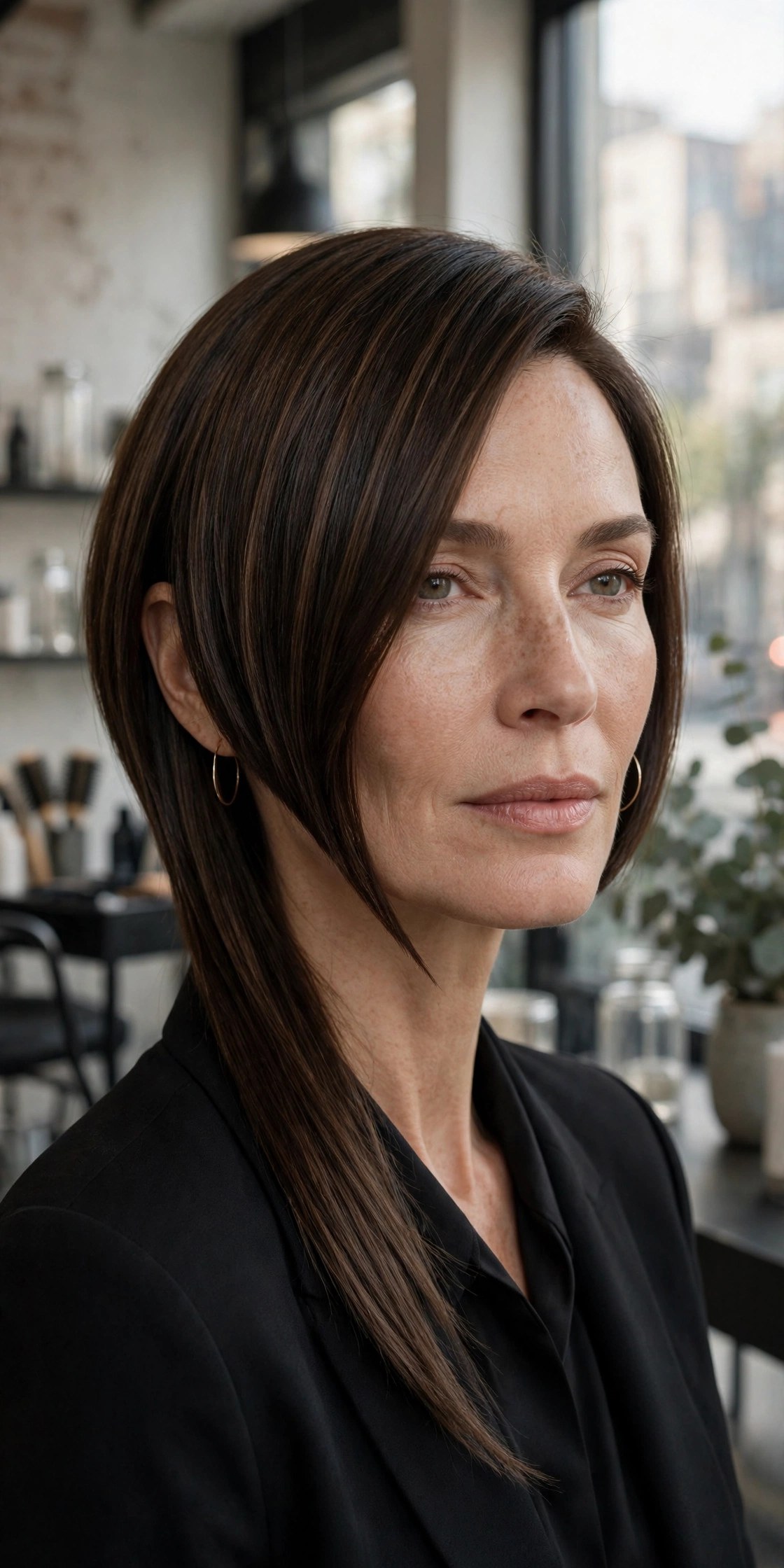 Asymmetrical angled bob with one side longer, woman in her 40s