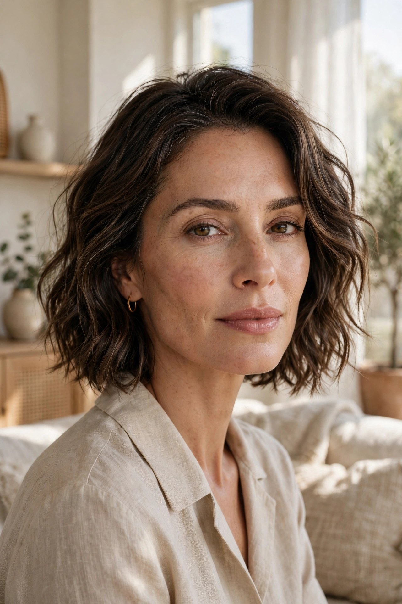 Chin-length wavy bob with soft relaxed waves, woman in her 40s