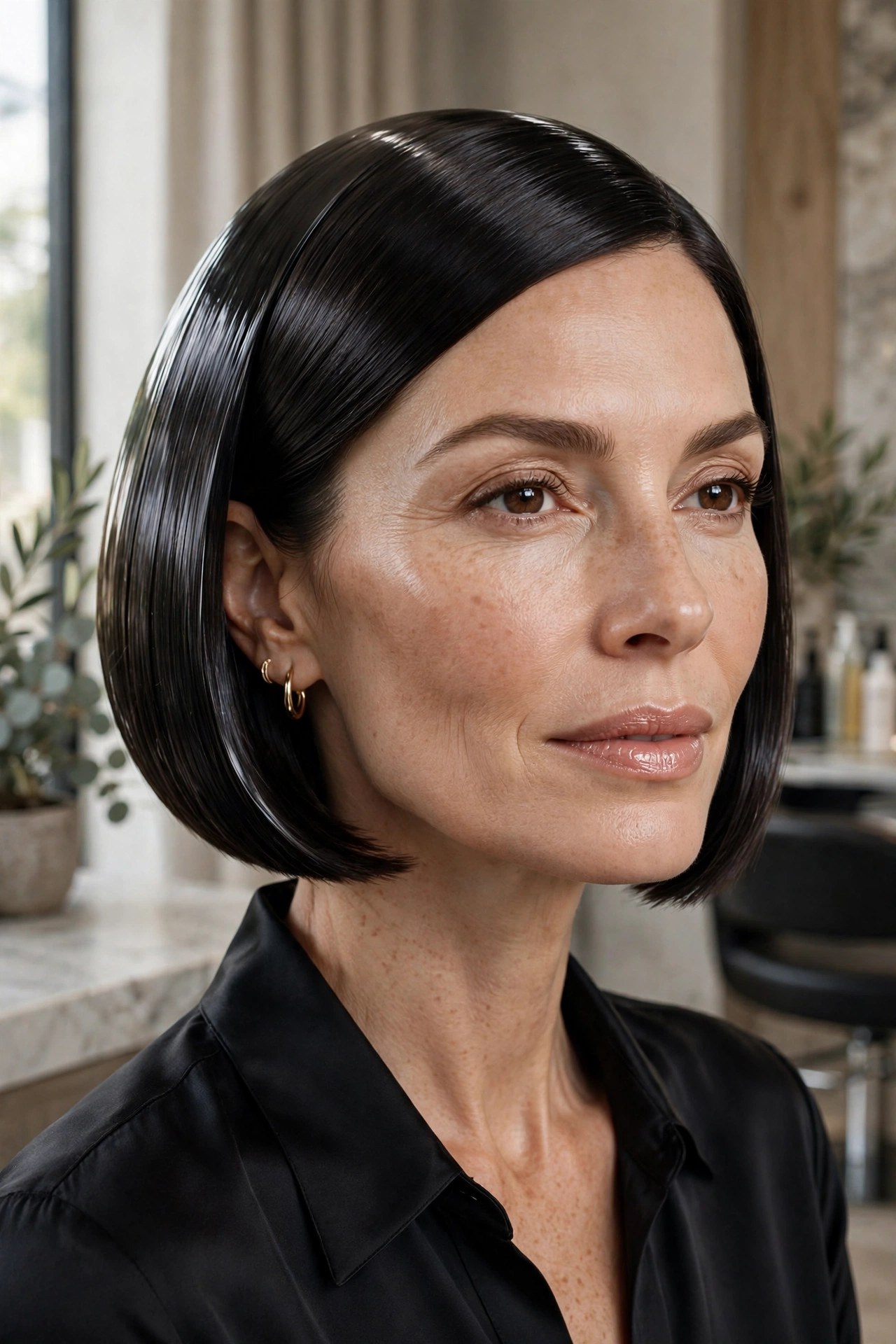 Sleek glass bob with ultra-smooth glossy finish, woman in her 40s