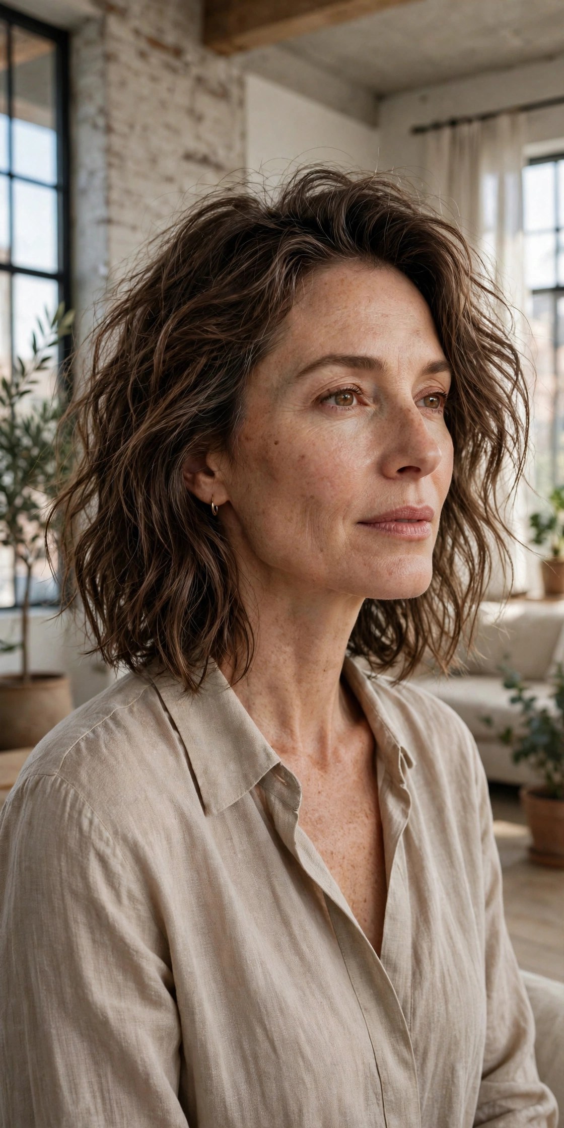 Tousled shoulder-length haircut with soft undone texture, woman in her 40s