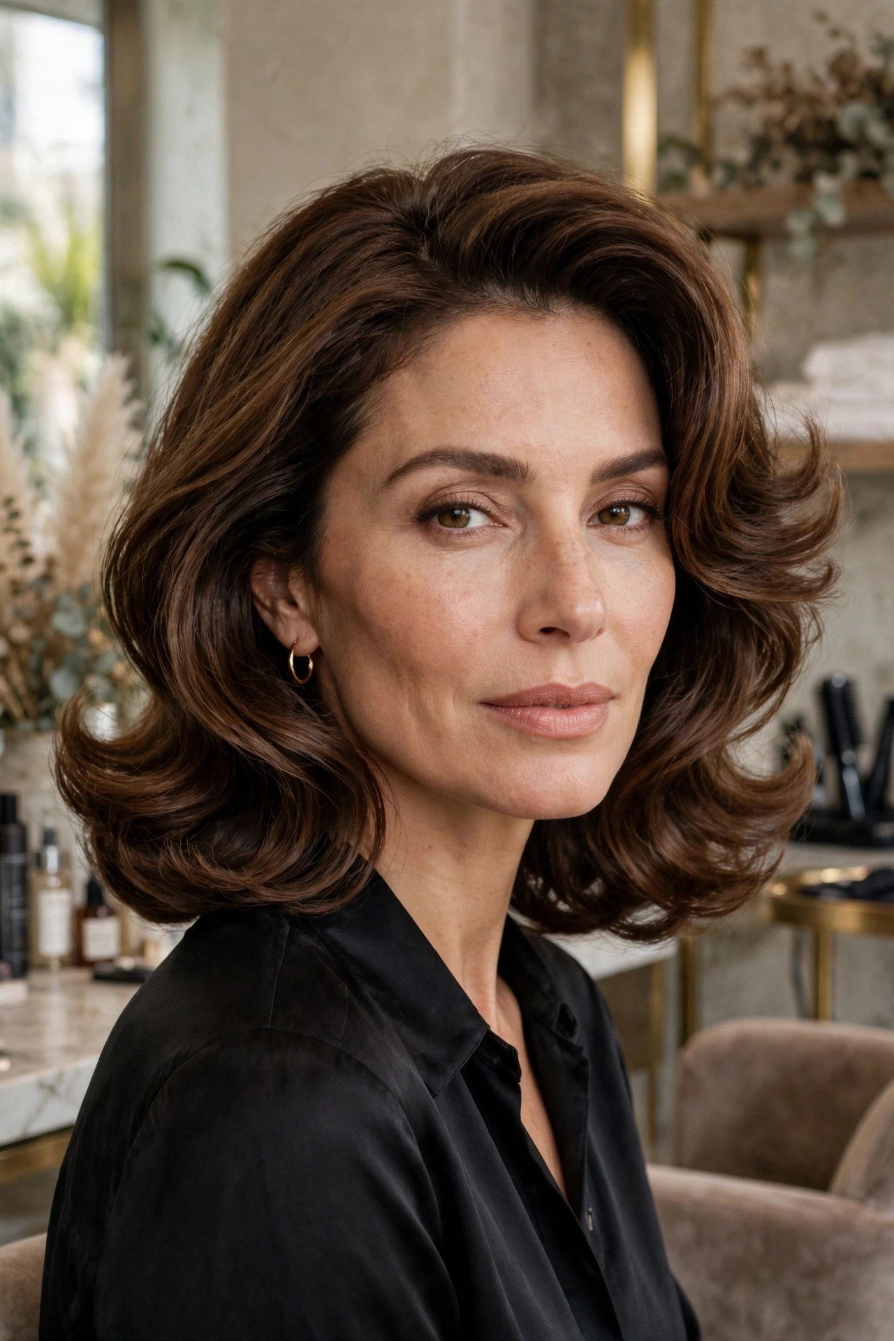 Bouncy blowout lob with voluminous rounded ends, woman in her 40s