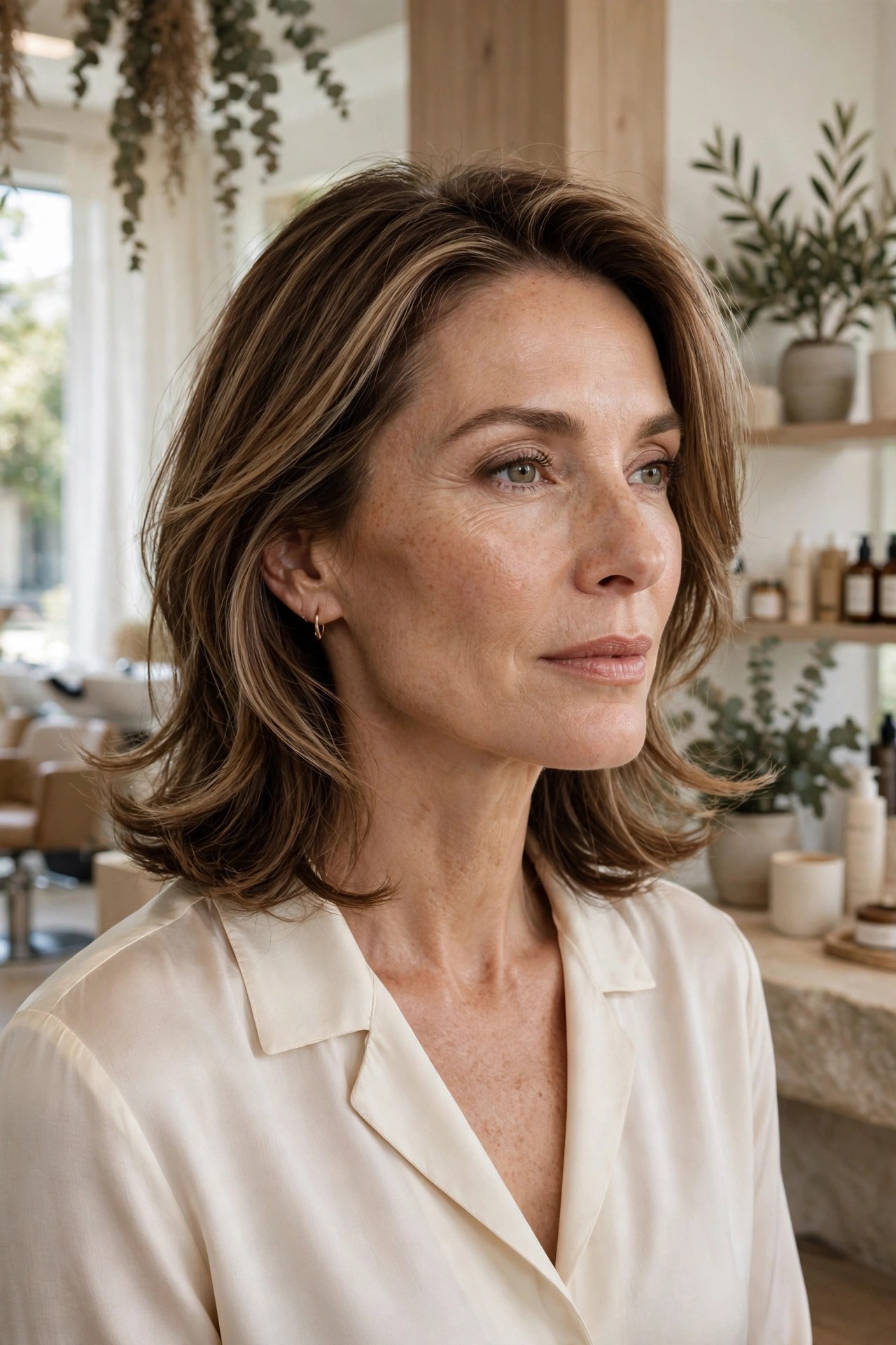 Shoulder-length haircut with bent ends and light layering, woman in her 40s