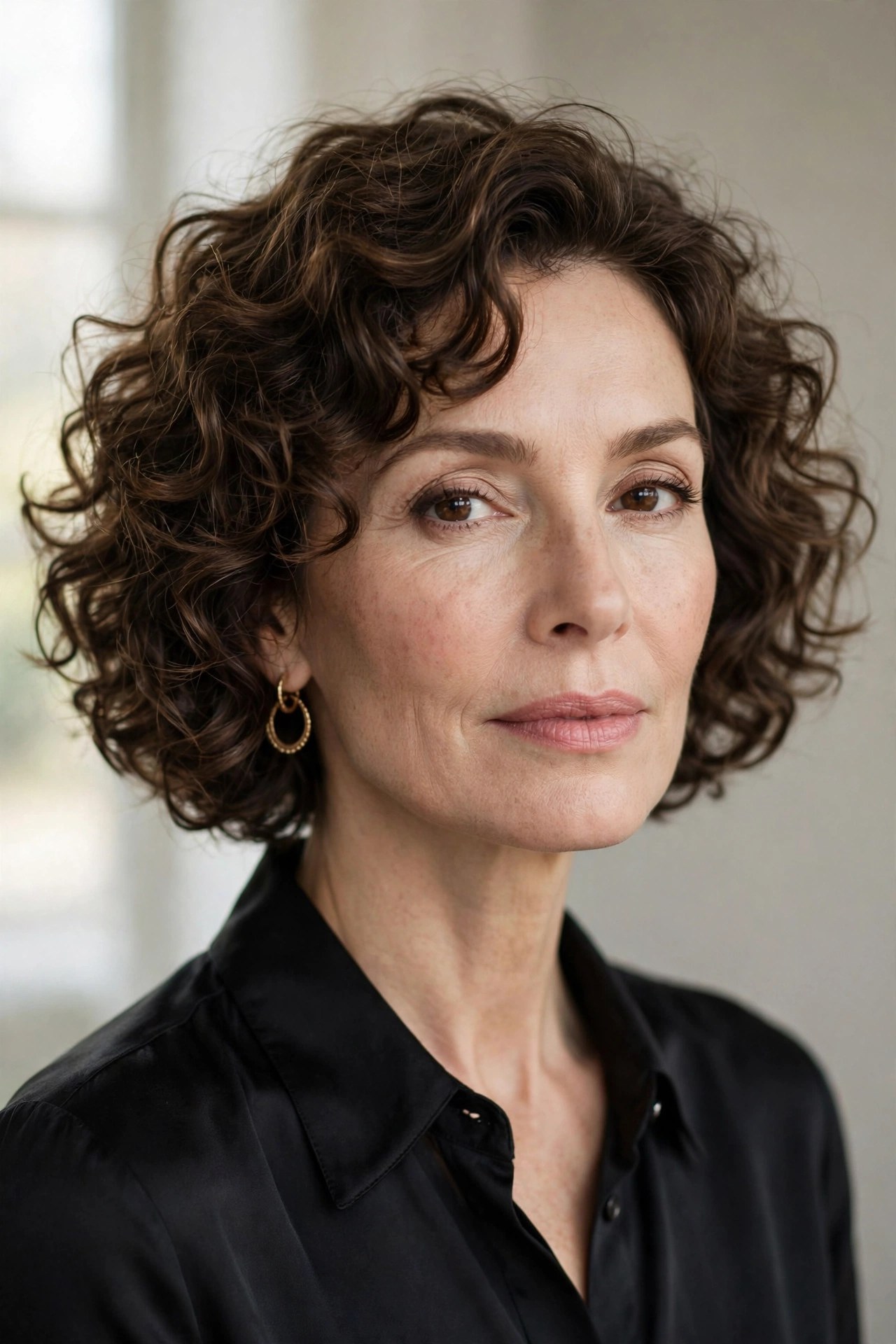 Springy chin-length curly bob with defined curls, woman in her 40s