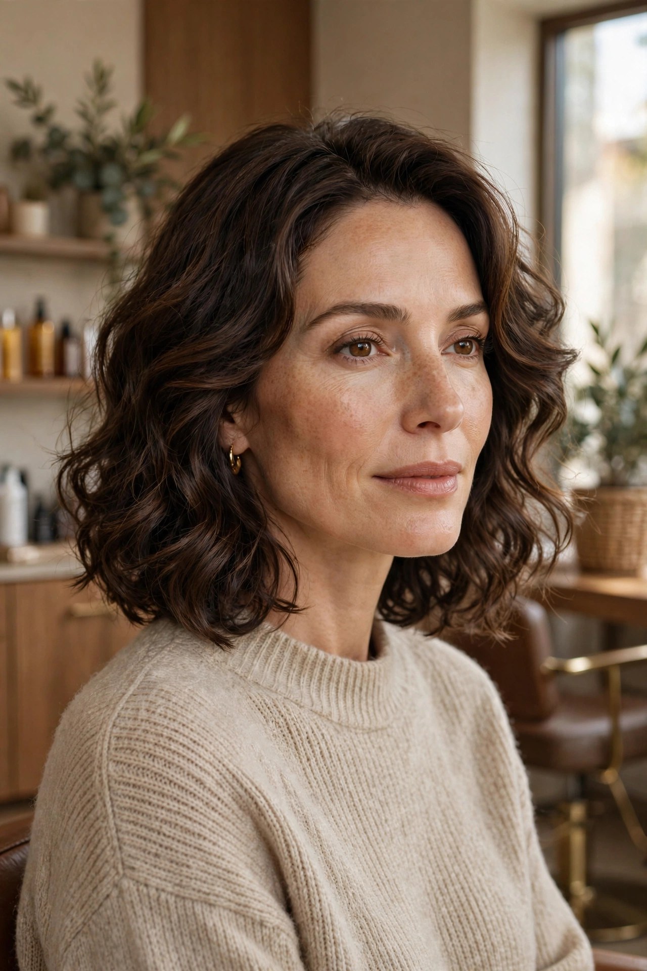 Collarbone lob with soft natural-looking perm waves, woman in her 40s